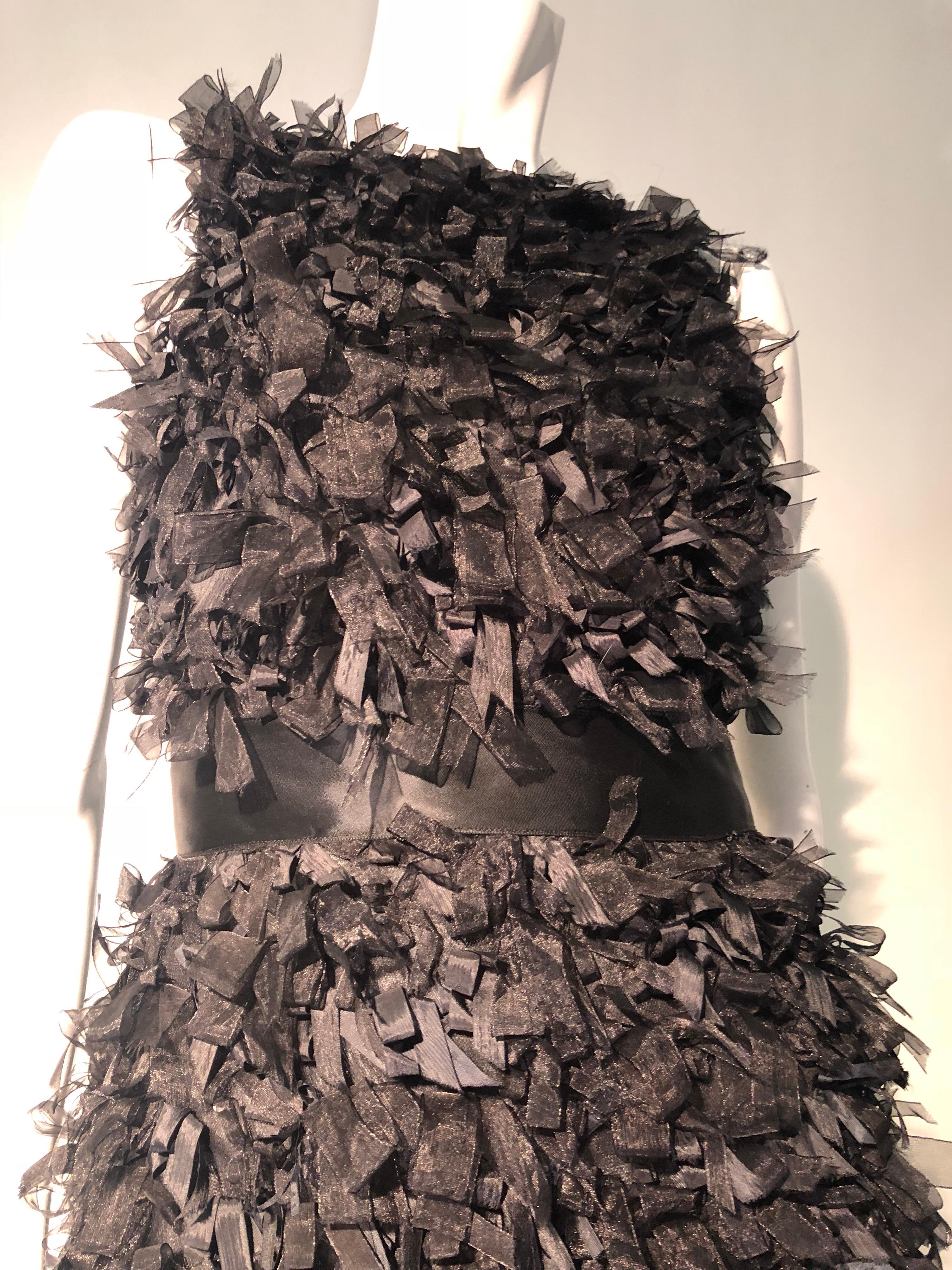 Oscar De La Renta Black Silk Confetti Ribbon & Sequin Column Gown W/ Open Back  8