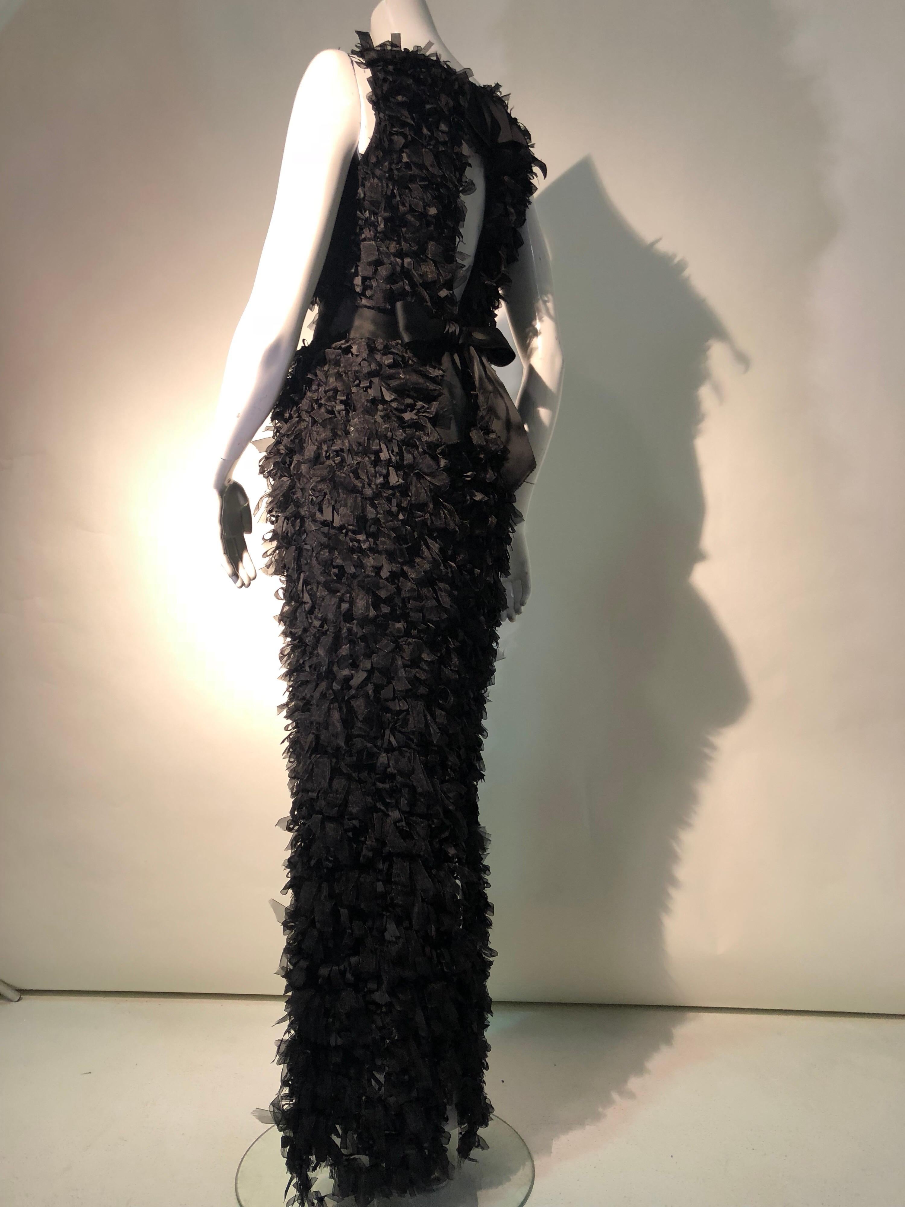 Oscar De La Renta Black Silk Confetti Ribbon & Sequin Column Gown W/ Open Back  9