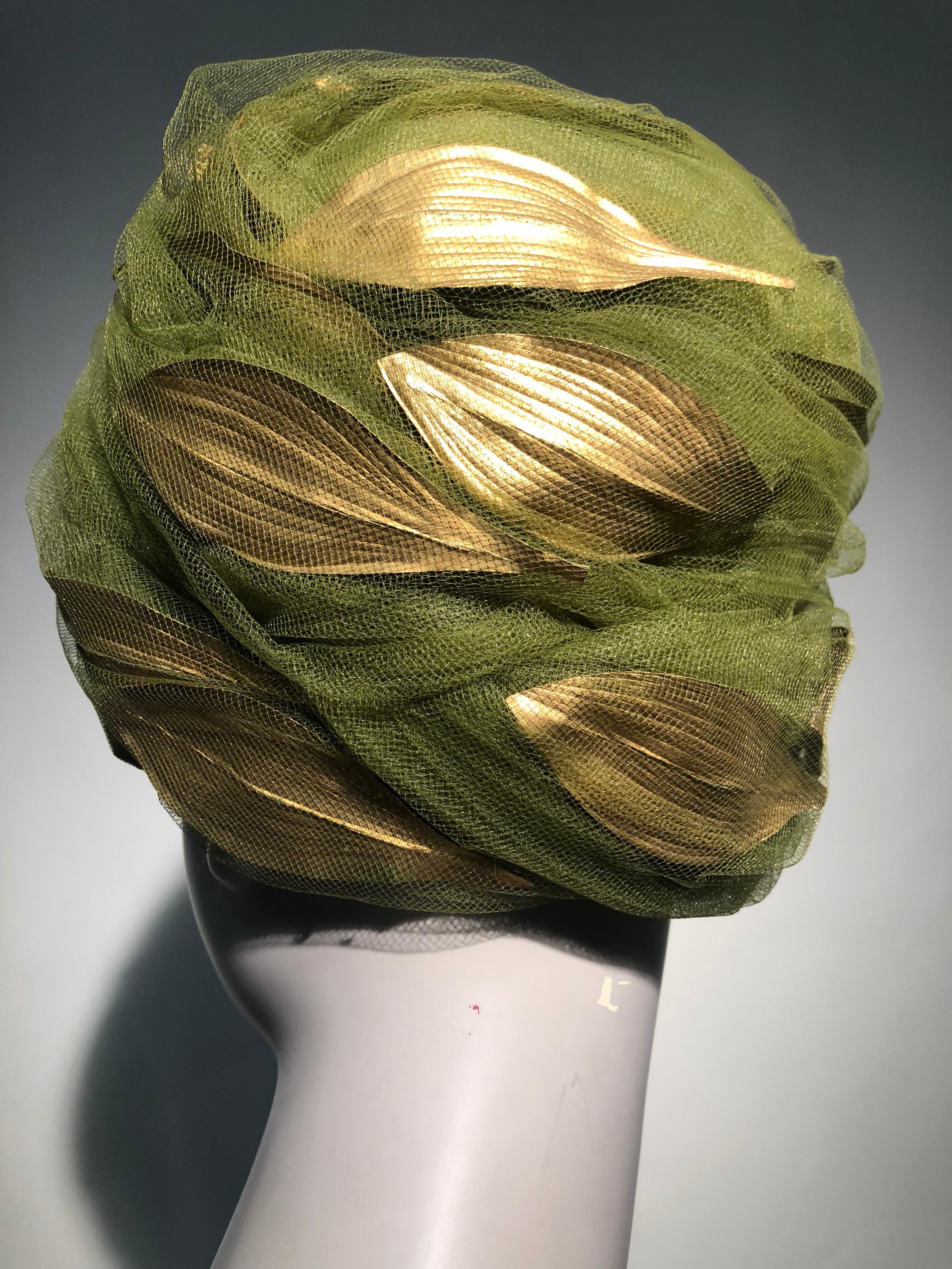 Brown 1960s Christian Dior Turban In Olive Tulle Adorned W/ Gold Leaves