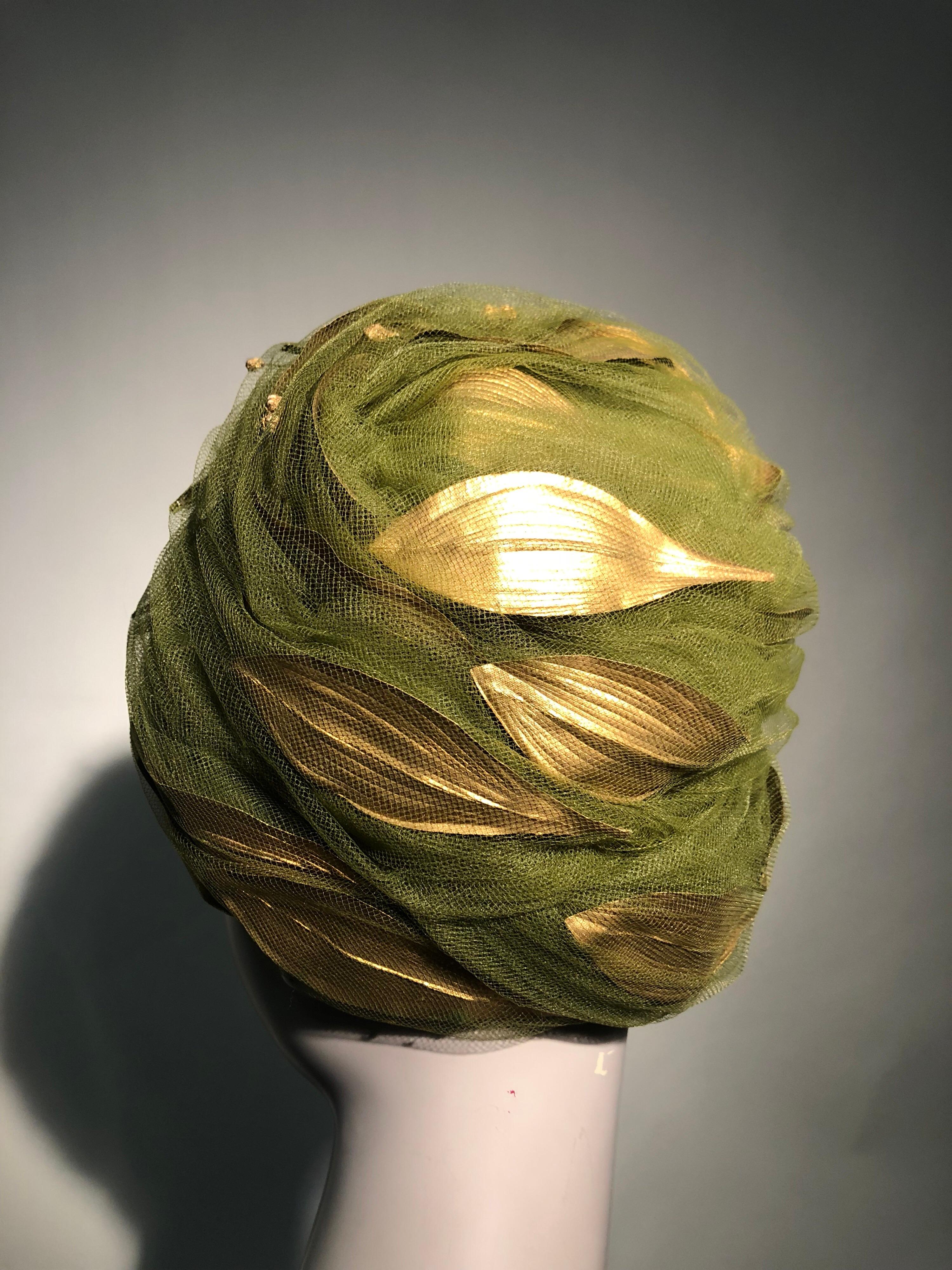 1960s Christian Dior Turban In Olive Tulle Adorned W/ Gold Leaves In Excellent Condition In Gresham, OR