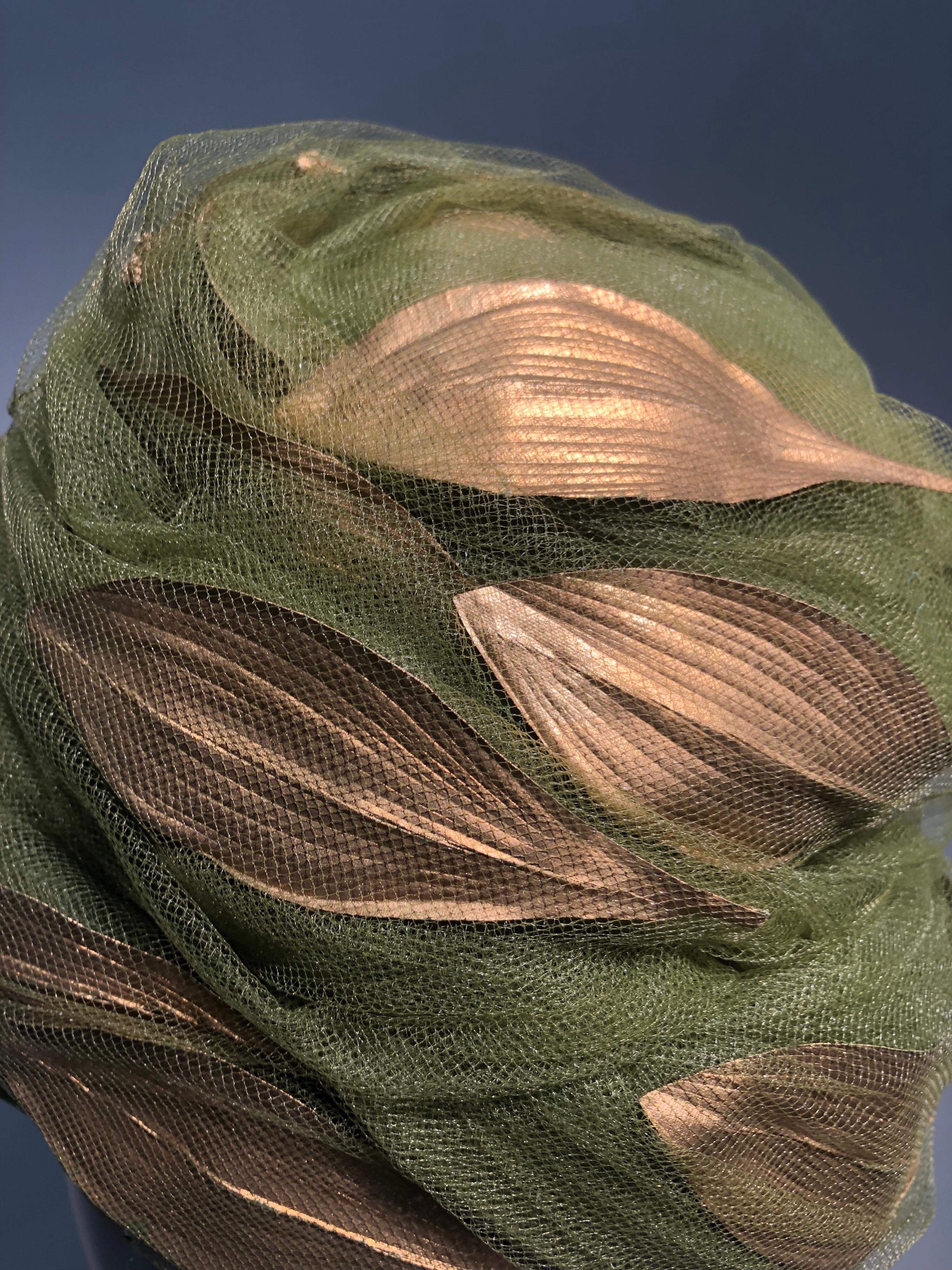Women's 1960s Christian Dior Turban In Olive Tulle Adorned W/ Gold Leaves
