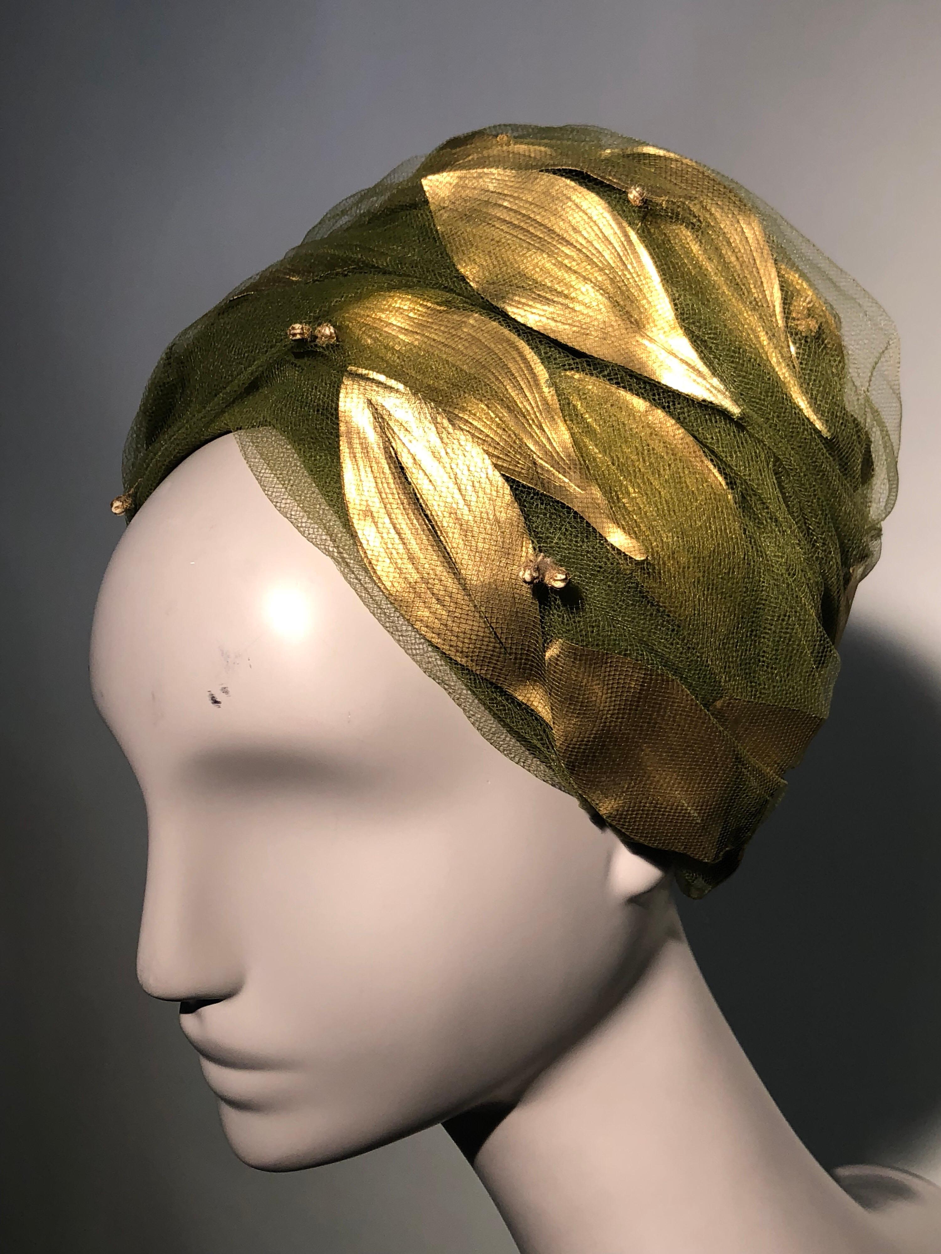 1960s Christian Dior Turban In Olive Tulle Adorned W/ Gold Leaves 1