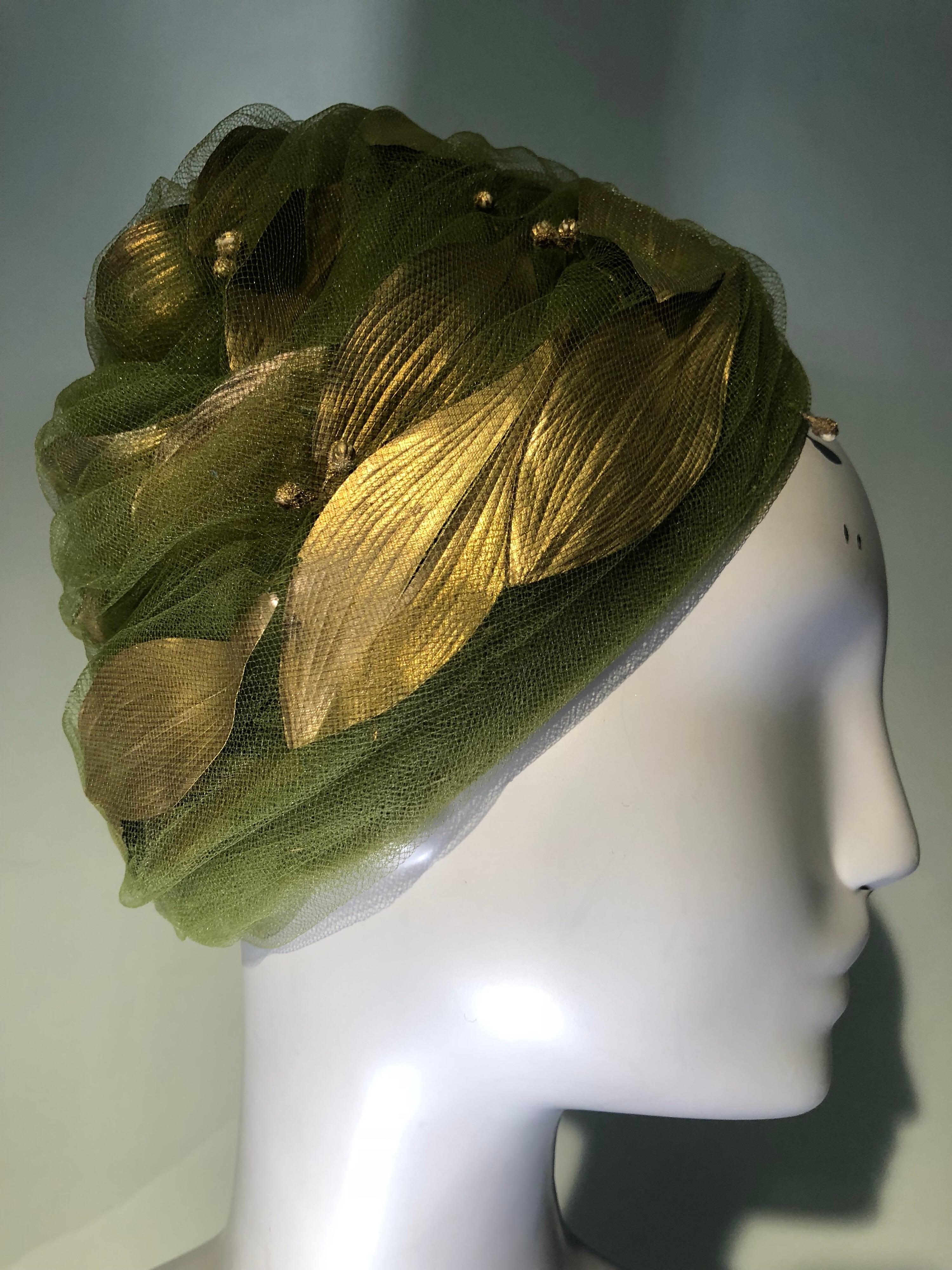 1960s Christian Dior Turban In Olive Tulle Adorned W/ Gold Leaves 3