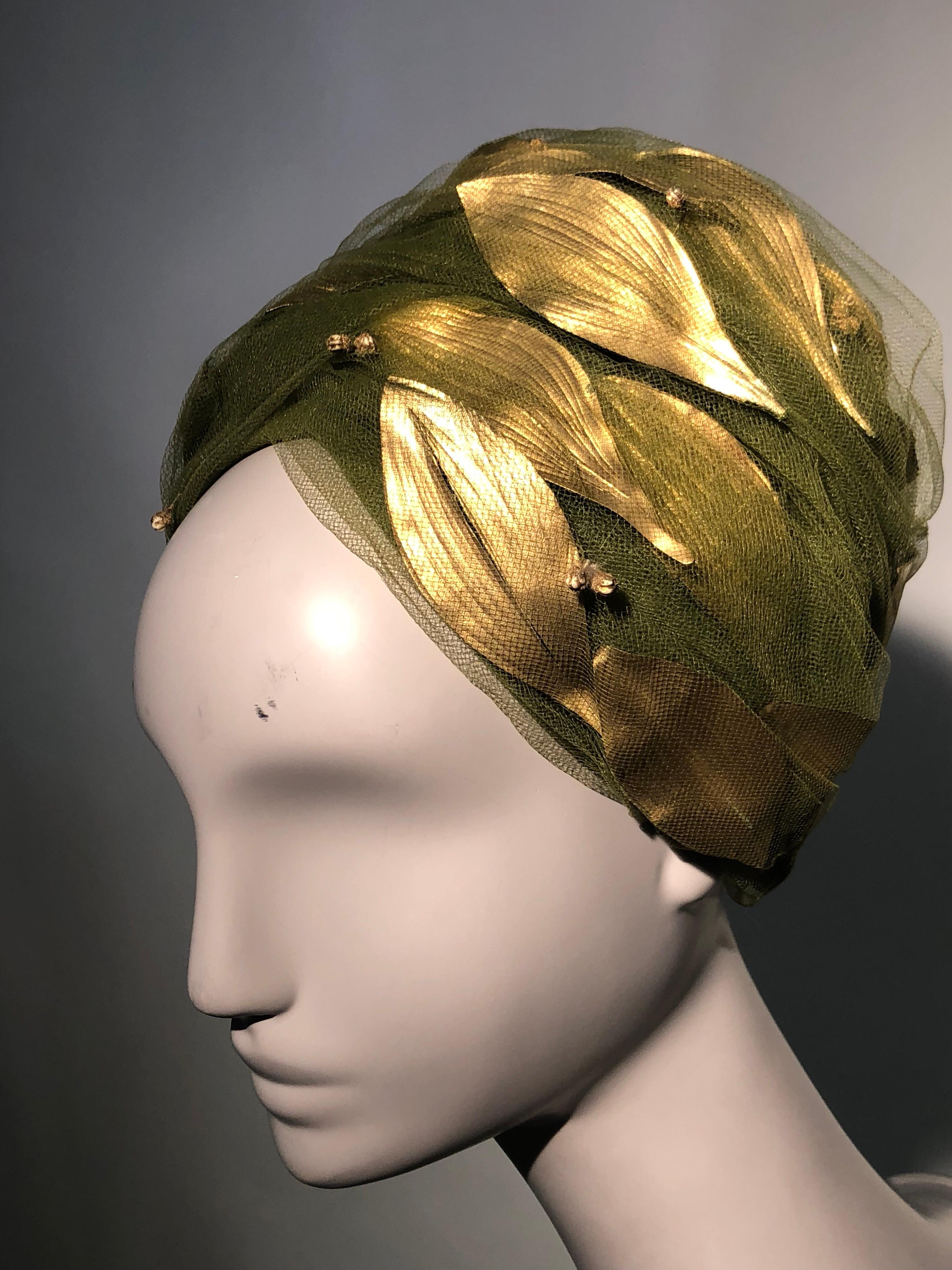 1960s Christian Dior Turban In Olive Tulle Adorned W/ Gold Leaves 2