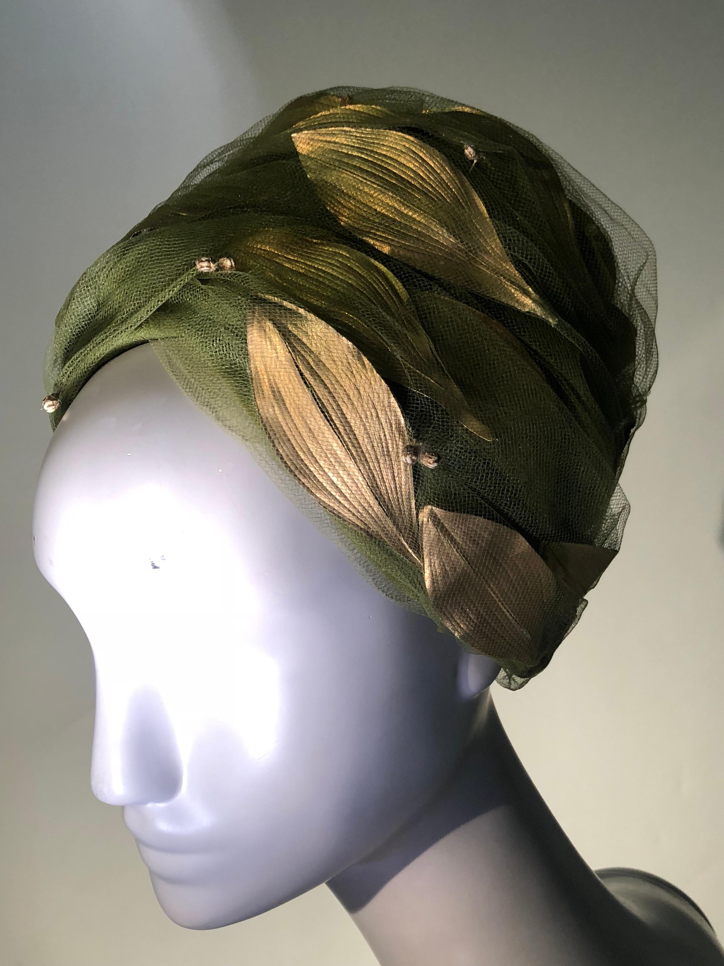 1960s Christian Dior Turban In Olive Tulle Adorned W/ Gold Leaves 4