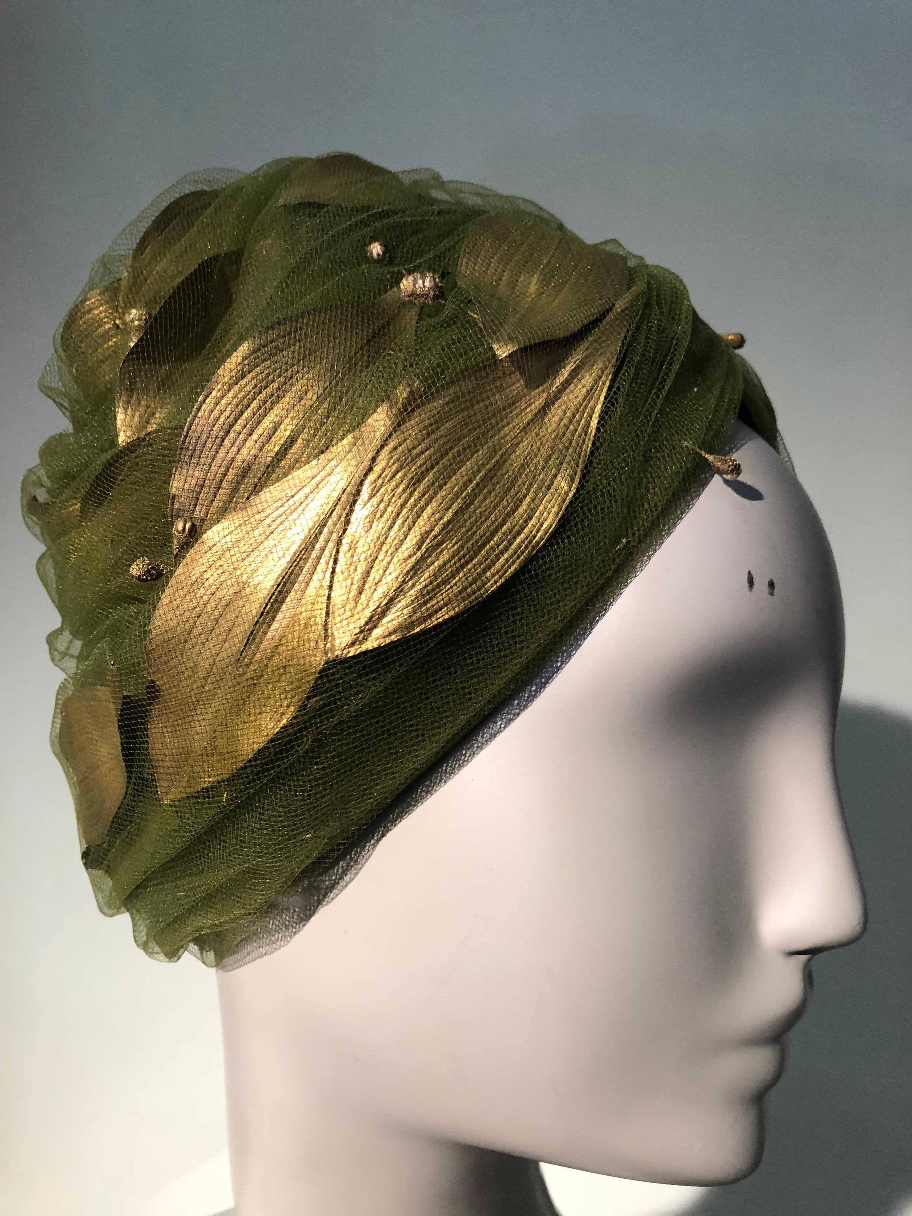 1960s Christian Dior Turban In Olive Tulle Adorned W/ Gold Leaves 5