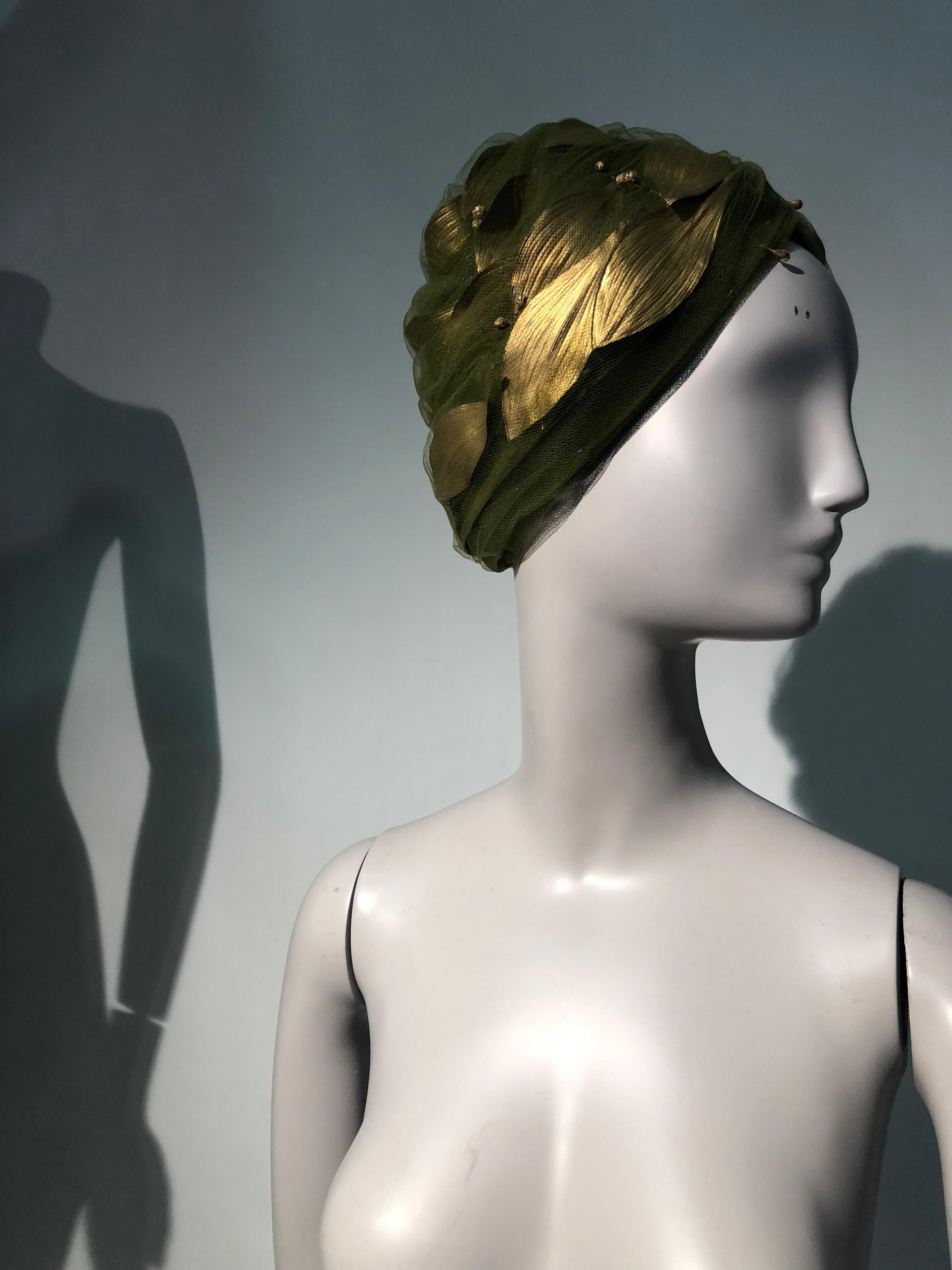 1960s Christian Dior Turban In Olive Tulle Adorned W/ Gold Leaves 6