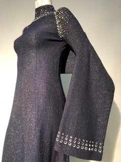 1960s Pauline Trigère Metallic Knit Gown W/ Futuristic Rhinestone Shoulder Yoke