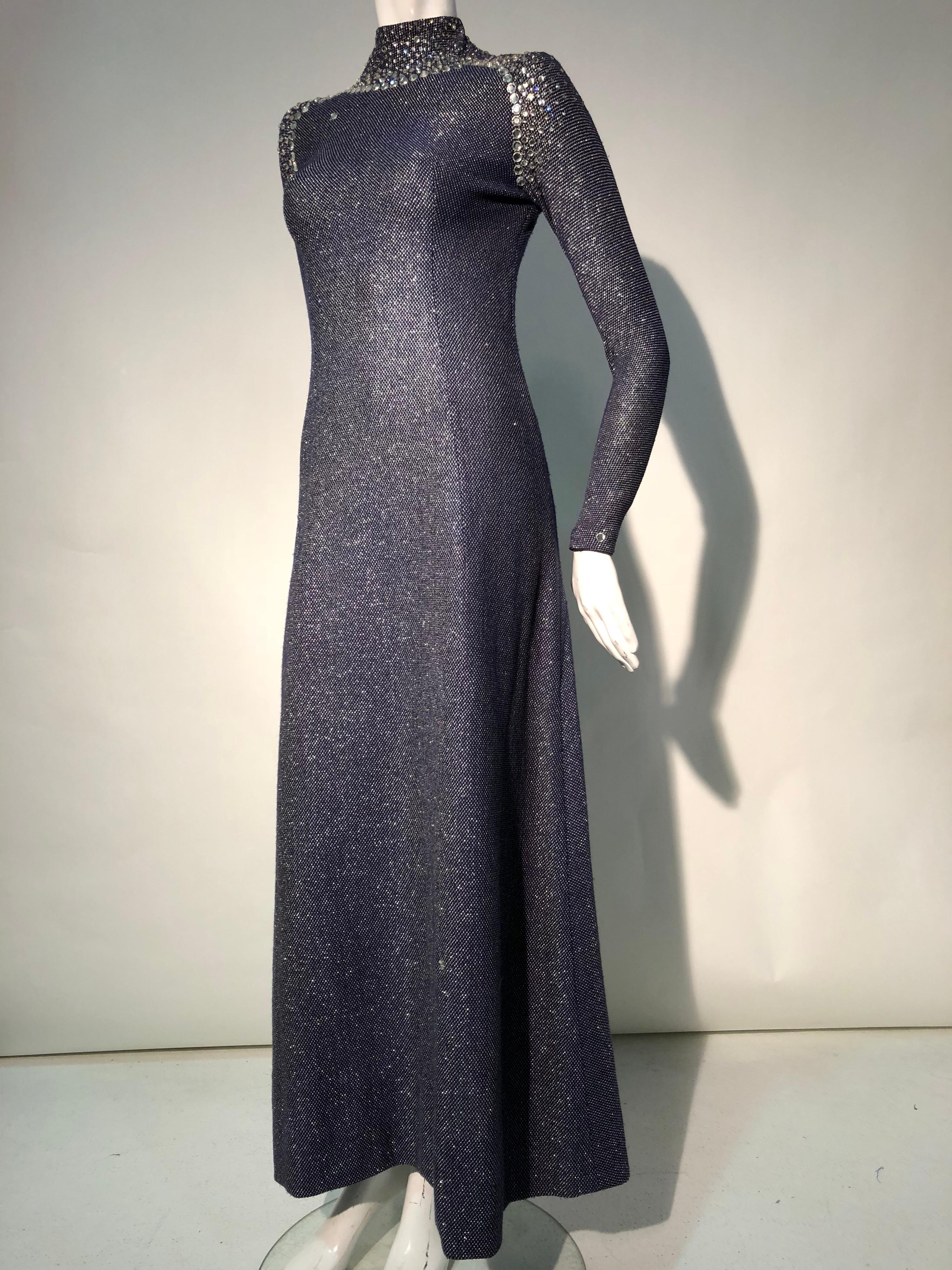 Black 1960s Pauline Trigère Metallic Knit Gown W/ Futuristic Rhinestone Shoulder Yoke For Sale