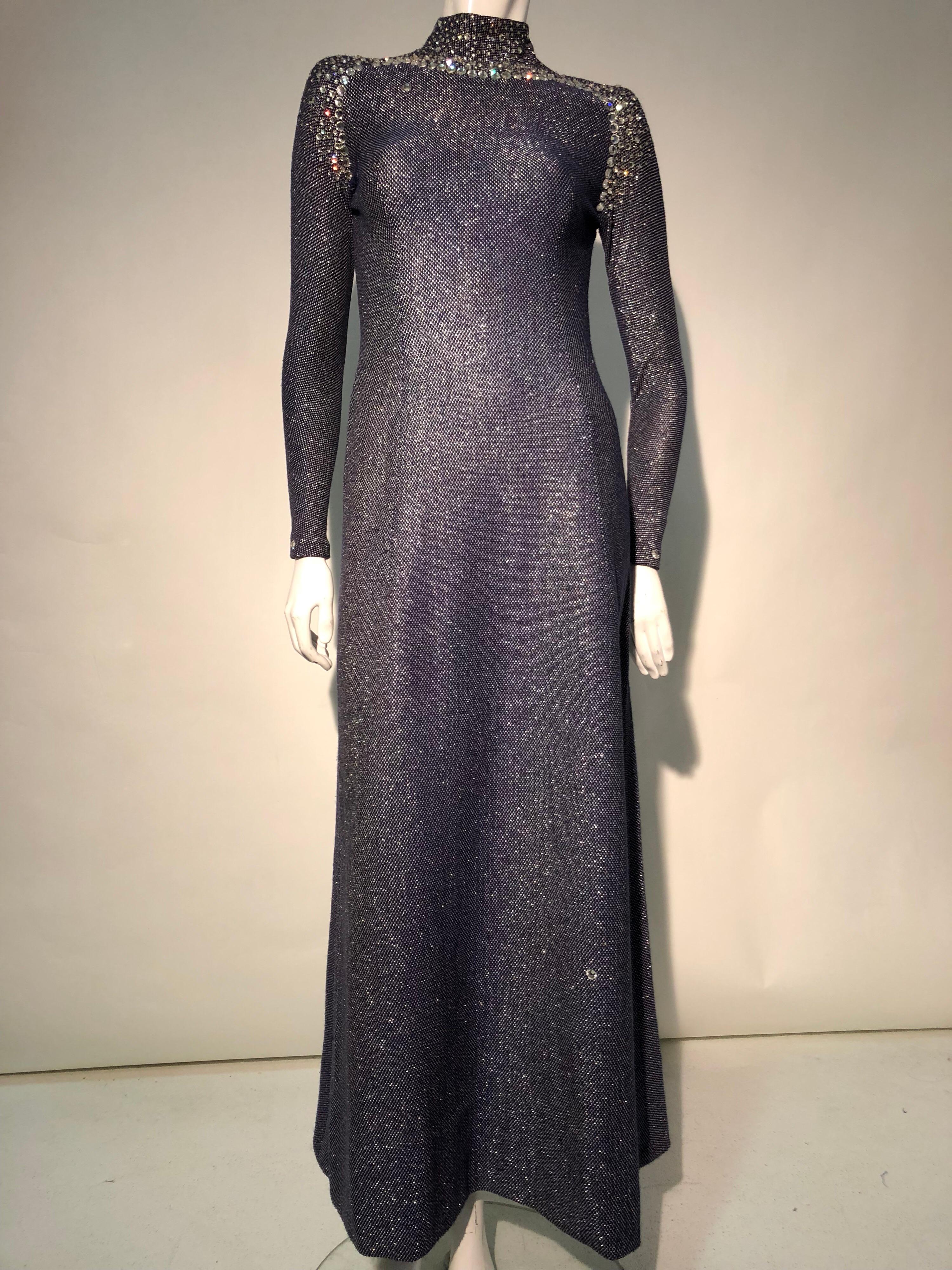 Women's 1960s Pauline Trigère Metallic Knit Gown W/ Futuristic Rhinestone Shoulder Yoke For Sale