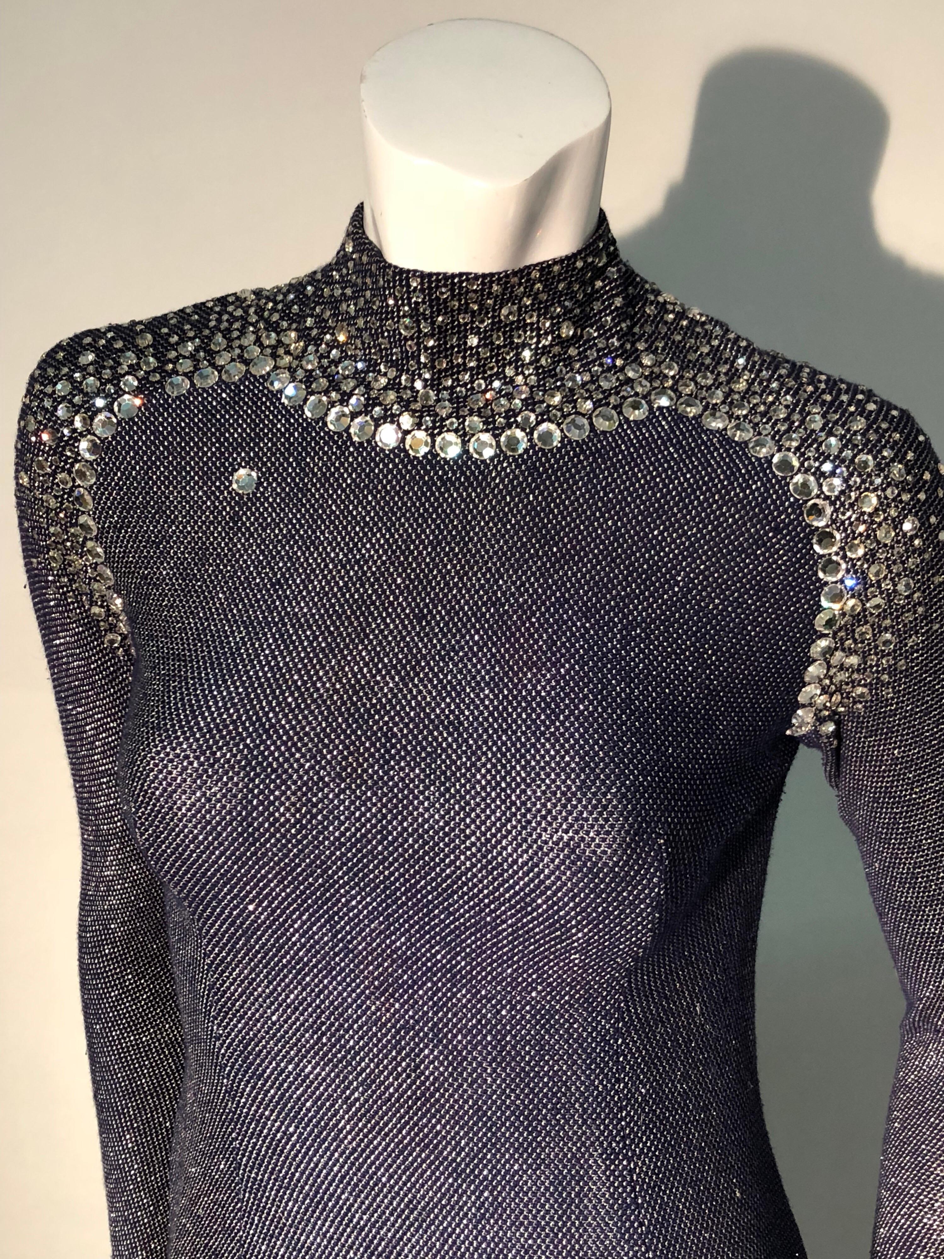 1960s Pauline Trigère Metallic Knit Gown W/ Futuristic Rhinestone Shoulder Yoke For Sale 4
