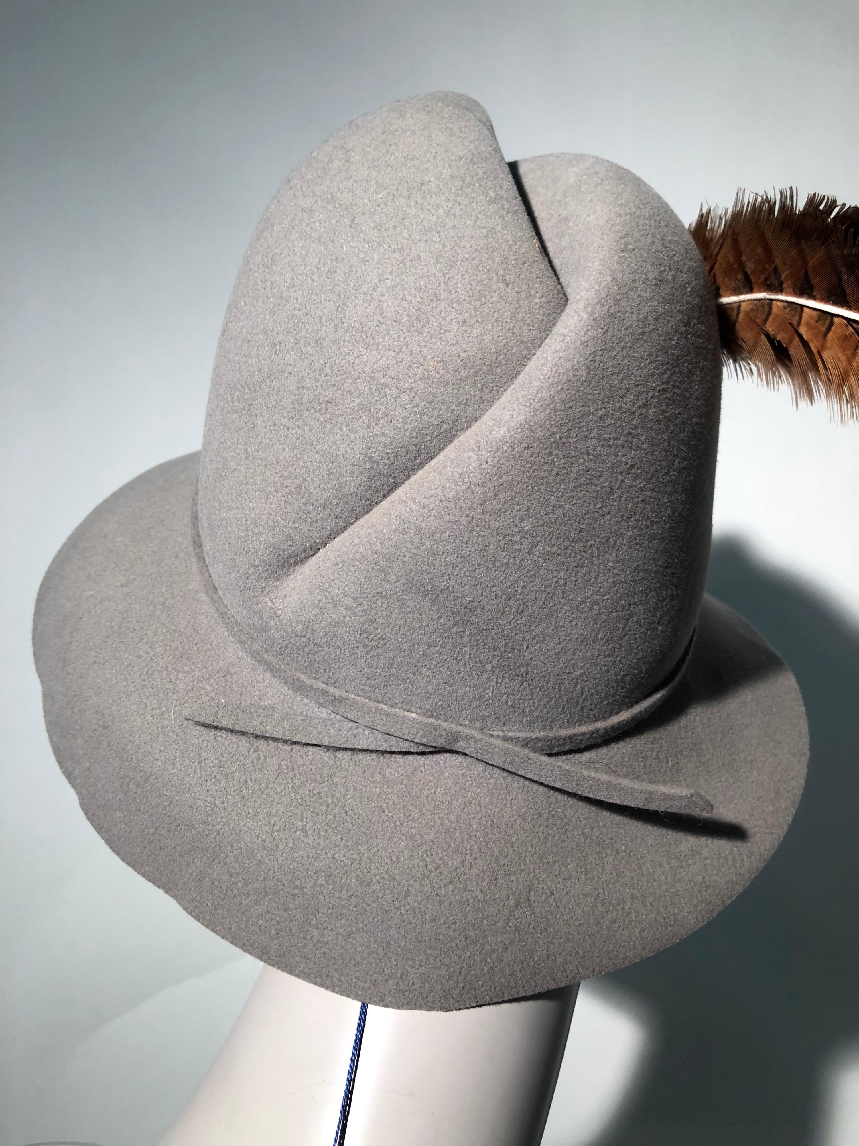 Brown 1970s Mr. John Grey Flannel Felt Folded-Crown Fedora W/ Pheasant Feathers For Sale