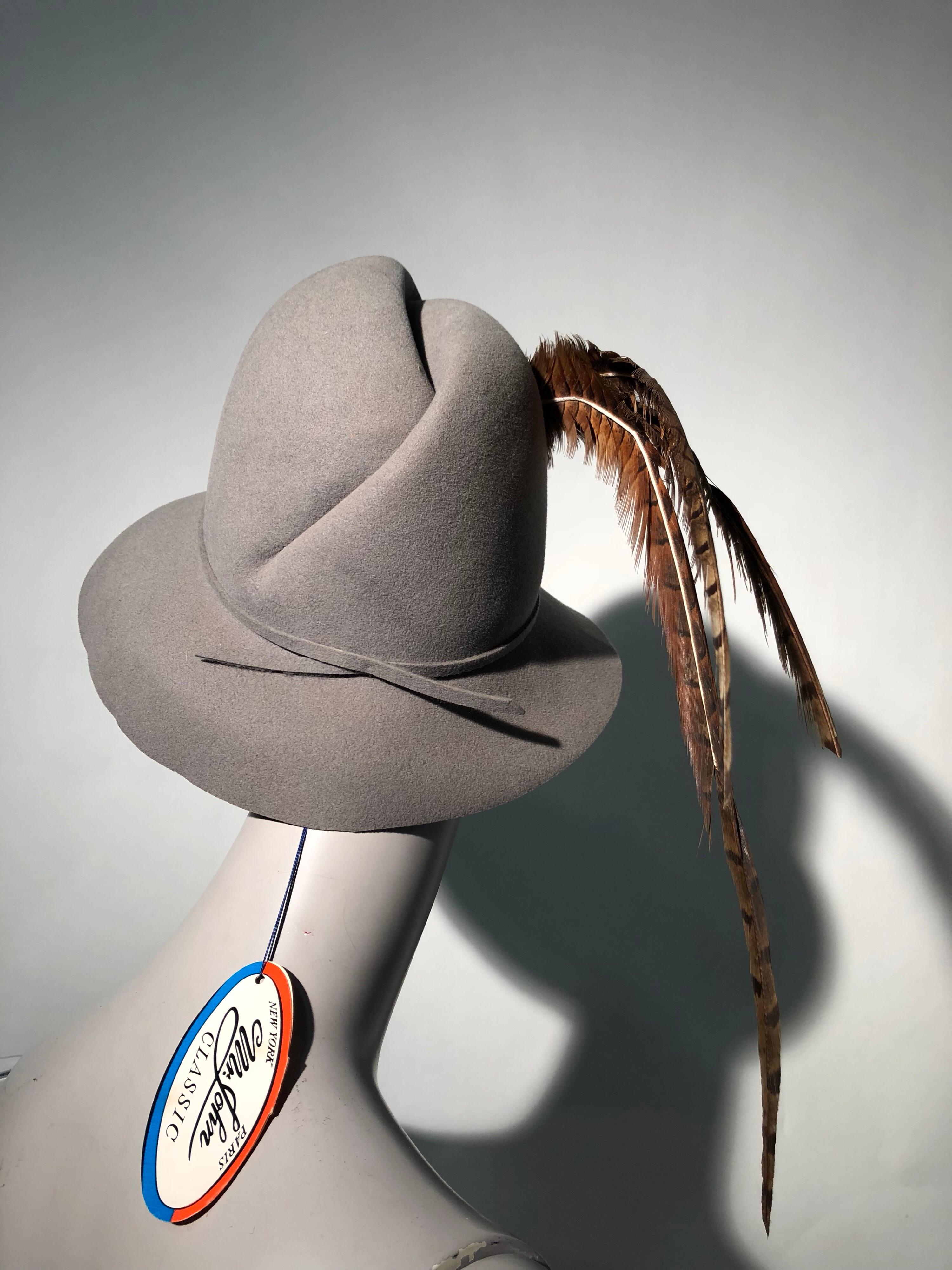 1970s Mr. John Grey Flannel Felt Folded-Crown Fedora W/ Pheasant Feathers For Sale 1