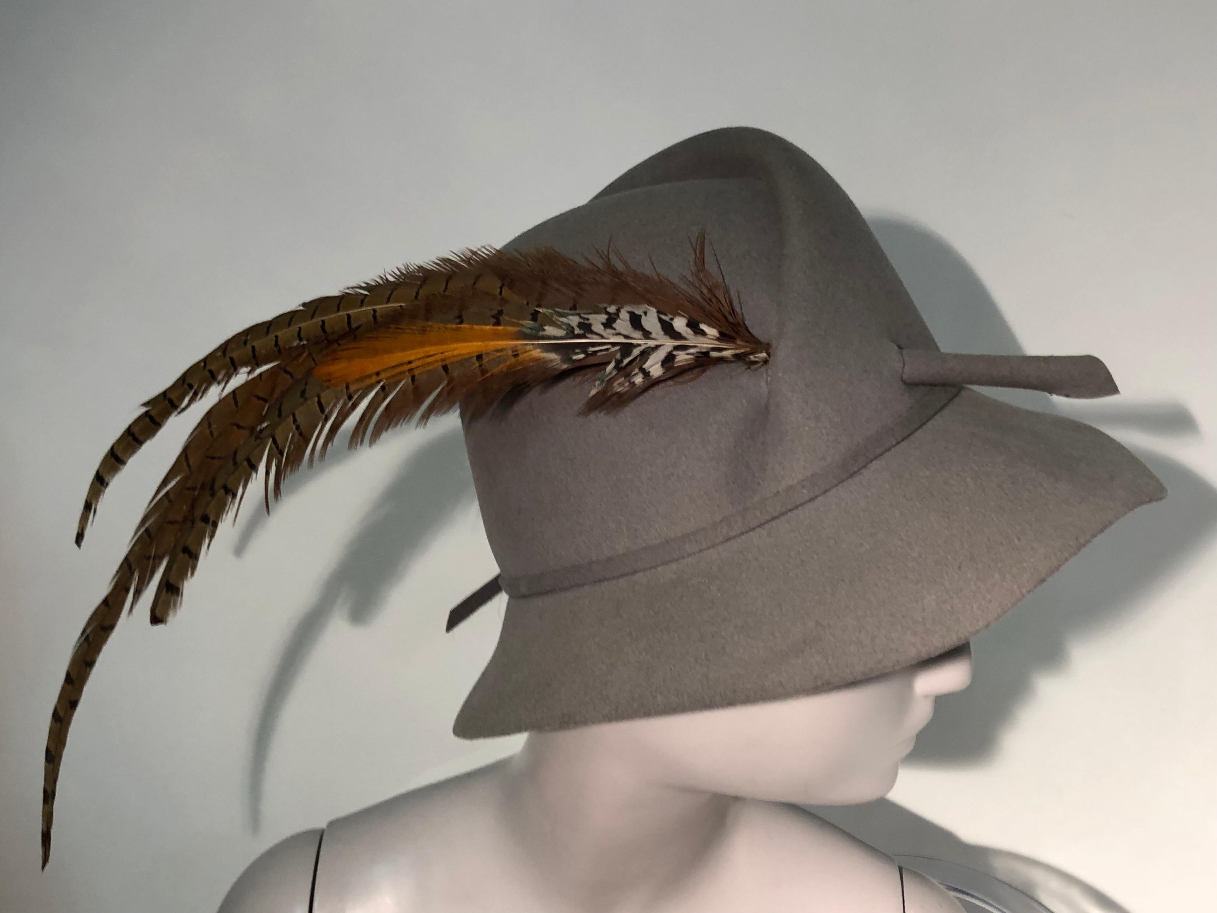 1970s Mr. John Grey Flannel Felt Folded-Crown Fedora W/ Pheasant Feathers For Sale 2