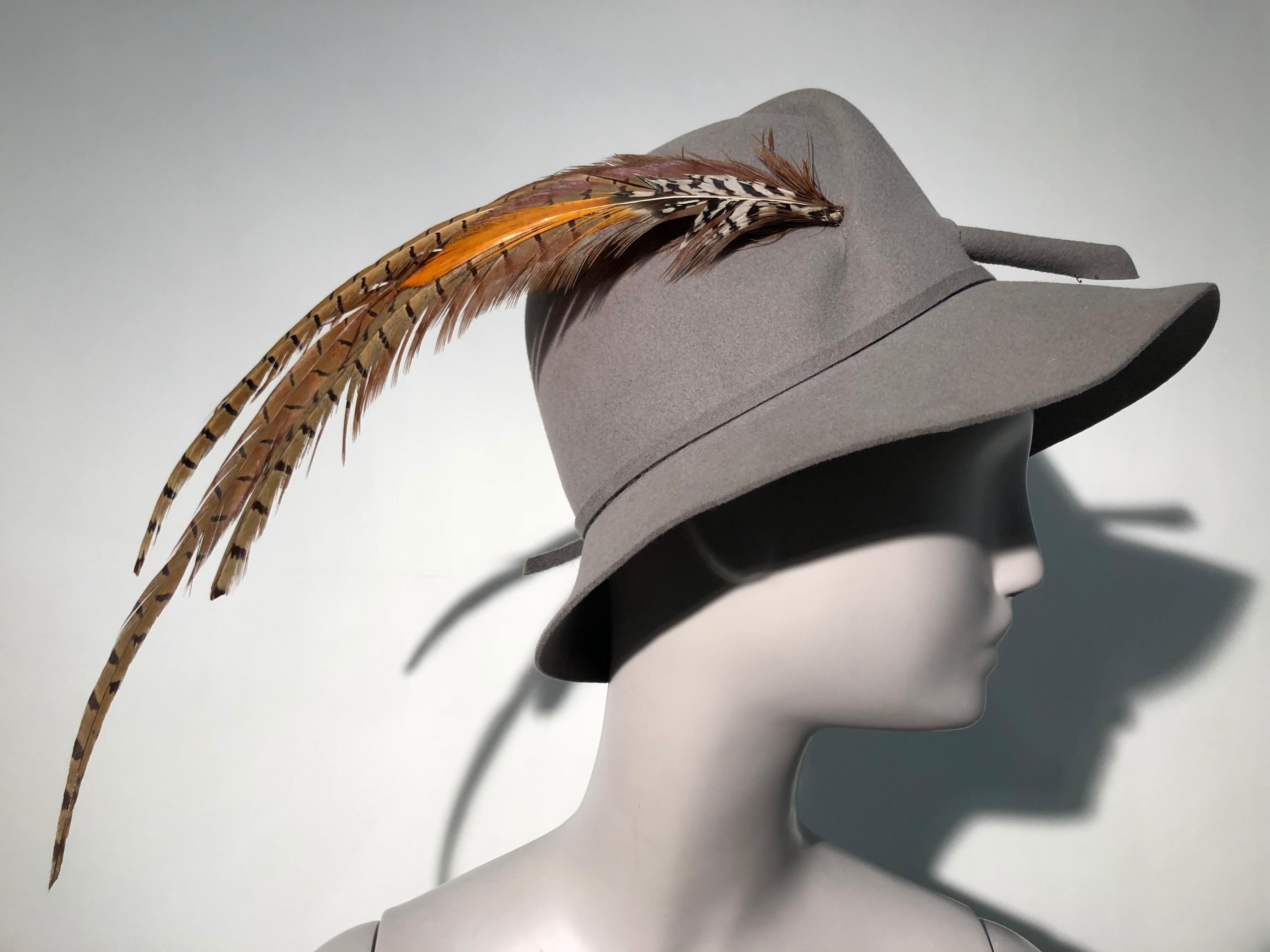 1970s Mr. John Grey Flannel Felt Folded-Crown Fedora W/ Pheasant Feathers For Sale 4