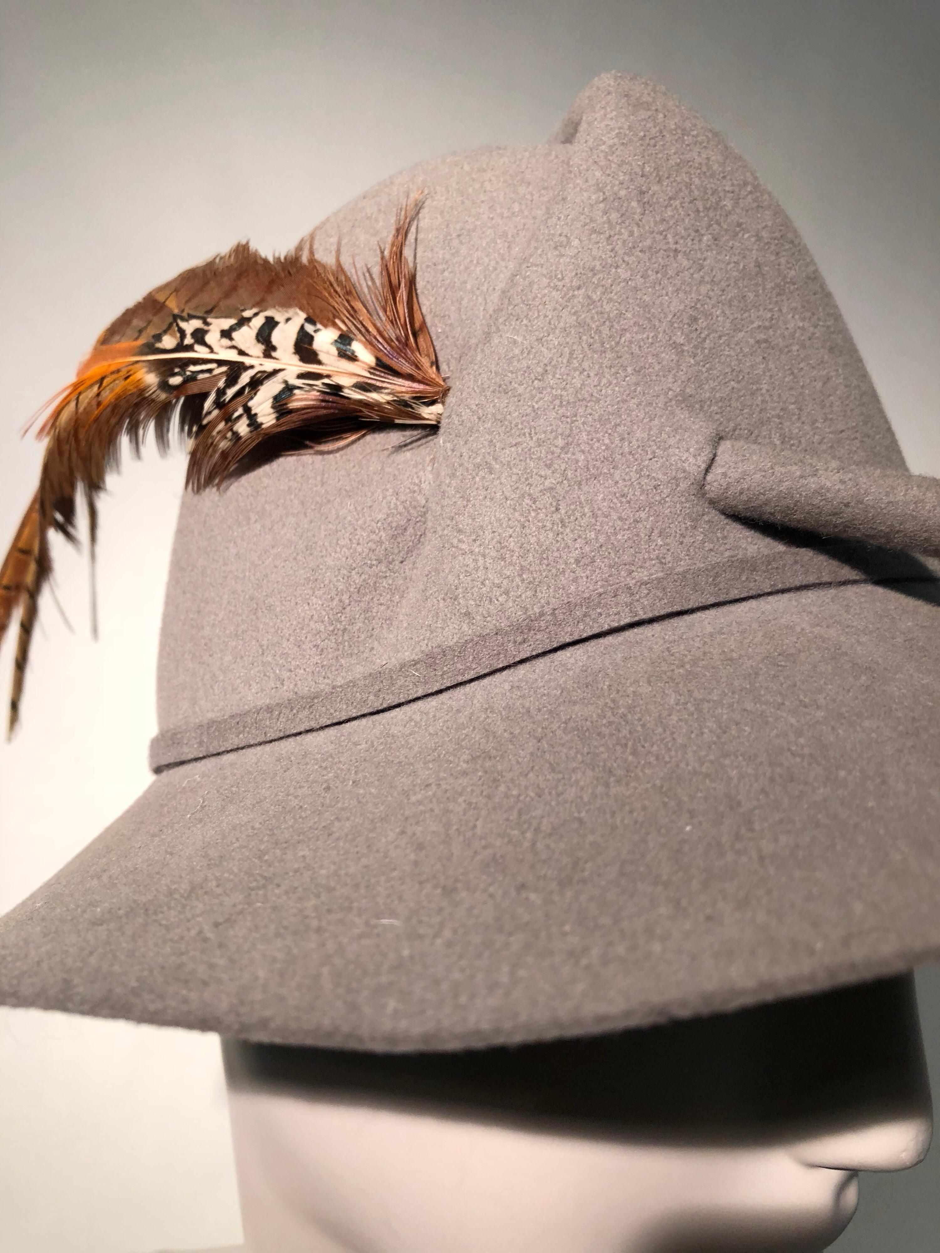 1970s Mr. John Grey Flannel Felt Folded-Crown Fedora W/ Pheasant Feathers For Sale 5