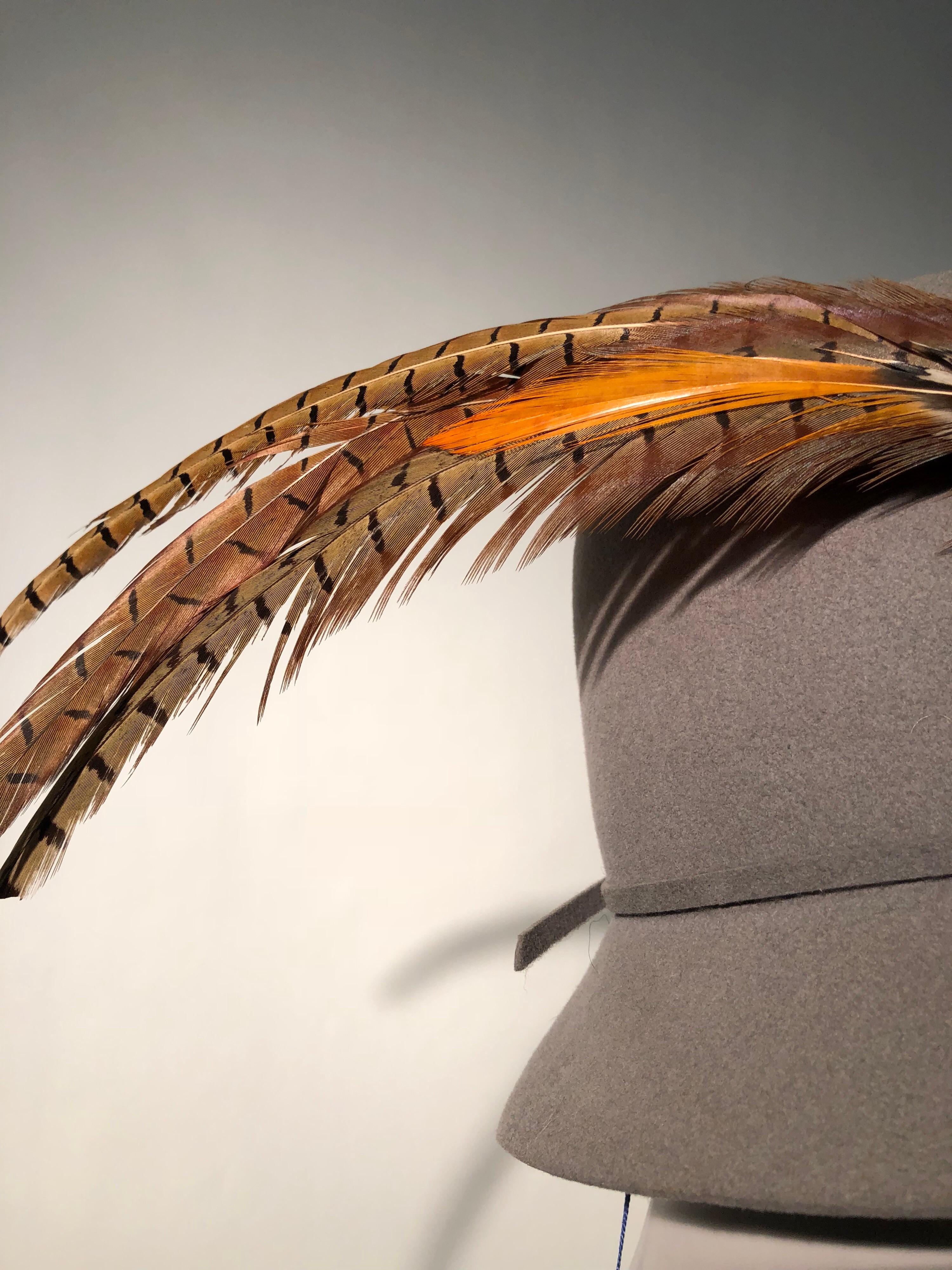 1970s Mr. John Grey Flannel Felt Folded-Crown Fedora W/ Pheasant Feathers For Sale 6