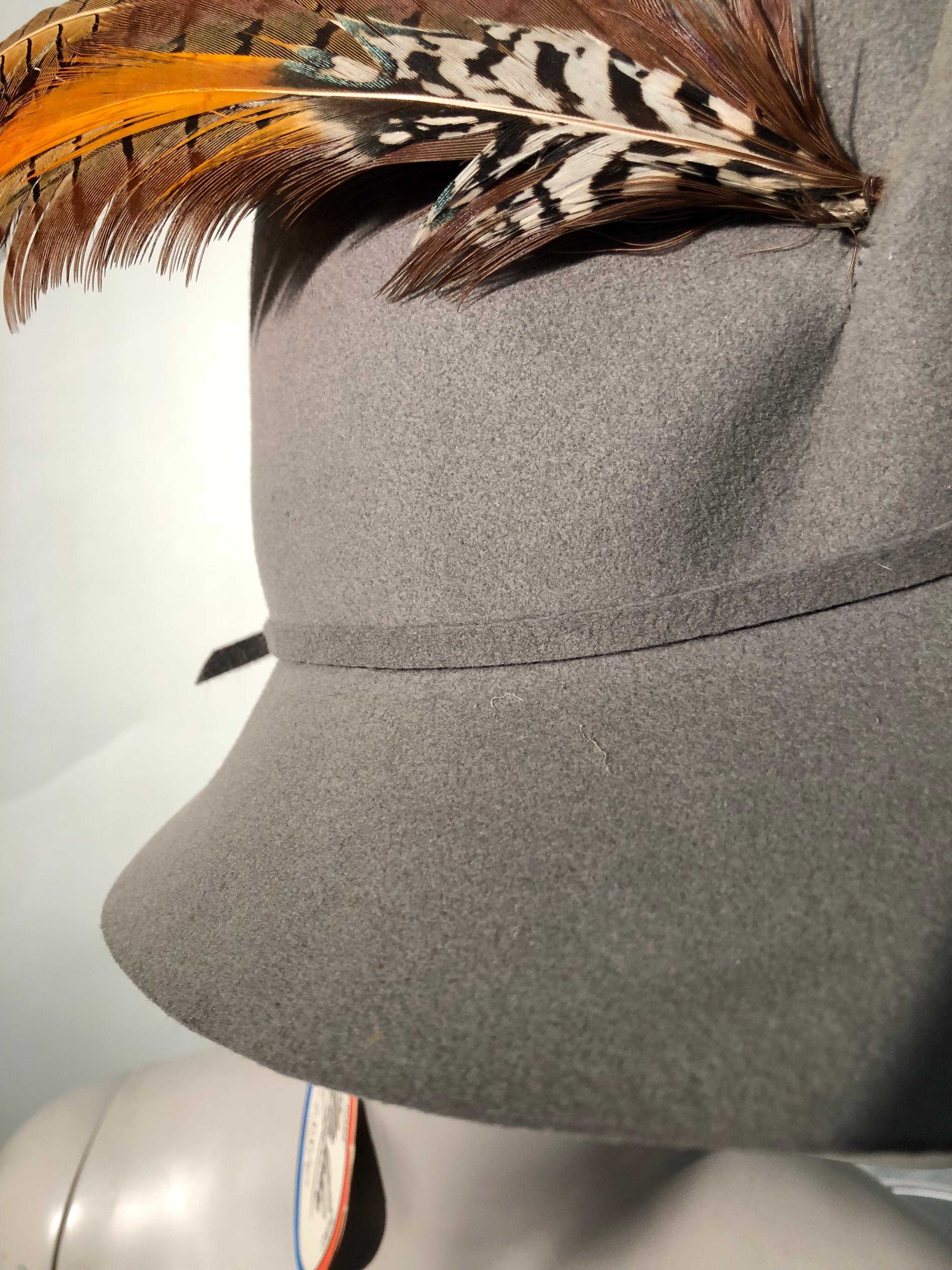 1970s Mr. John Grey Flannel Felt Folded-Crown Fedora W/ Pheasant Feathers For Sale 7