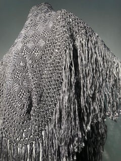 1970s I. Magnin Dove Grey Silk and Rayon Fringed Macramé Ribbon Shawl