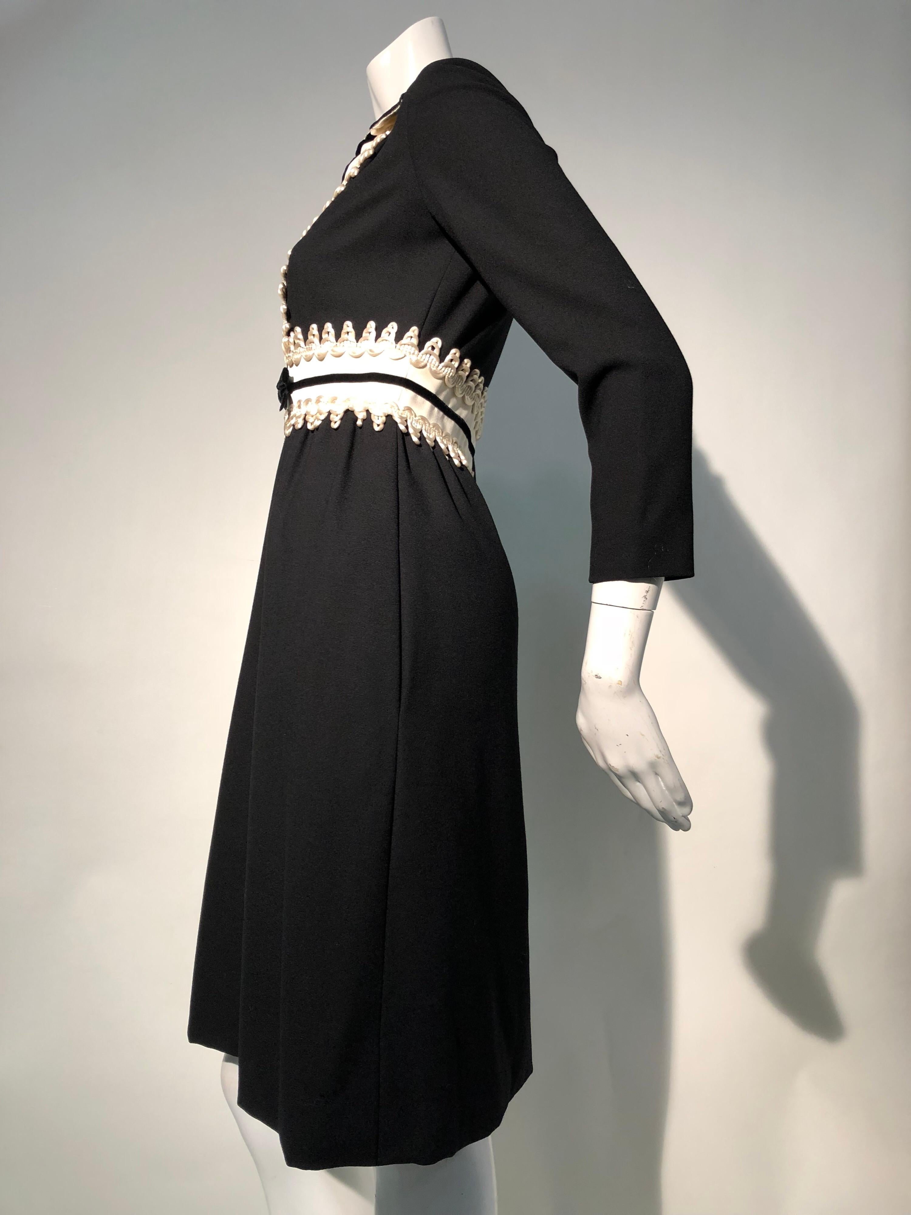 1960s Oscar de La Renta Black Crepe Mini Dress W/ White Inset Waist & Neckline 1