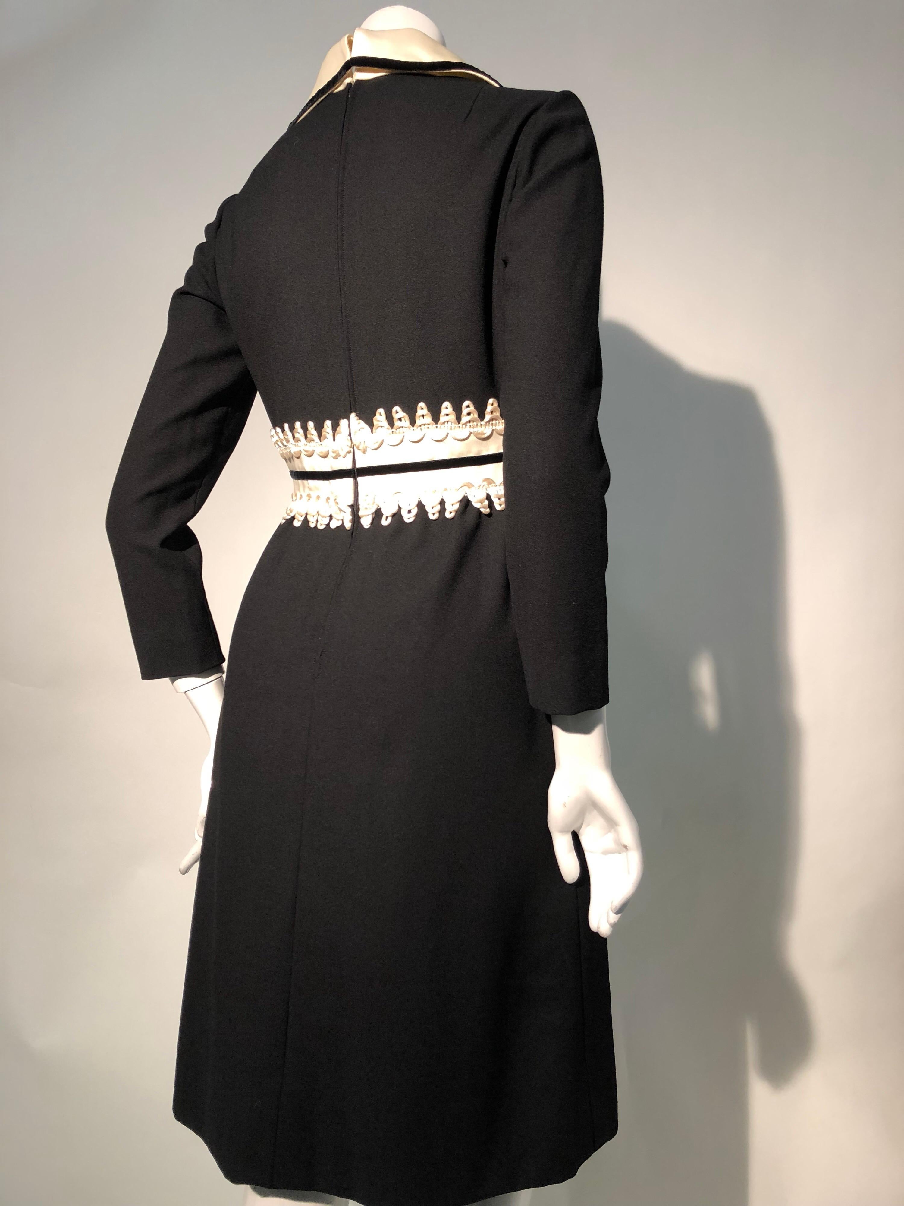 1960s Oscar de La Renta Black Crepe Mini Dress W/ White Inset Waist & Neckline 2