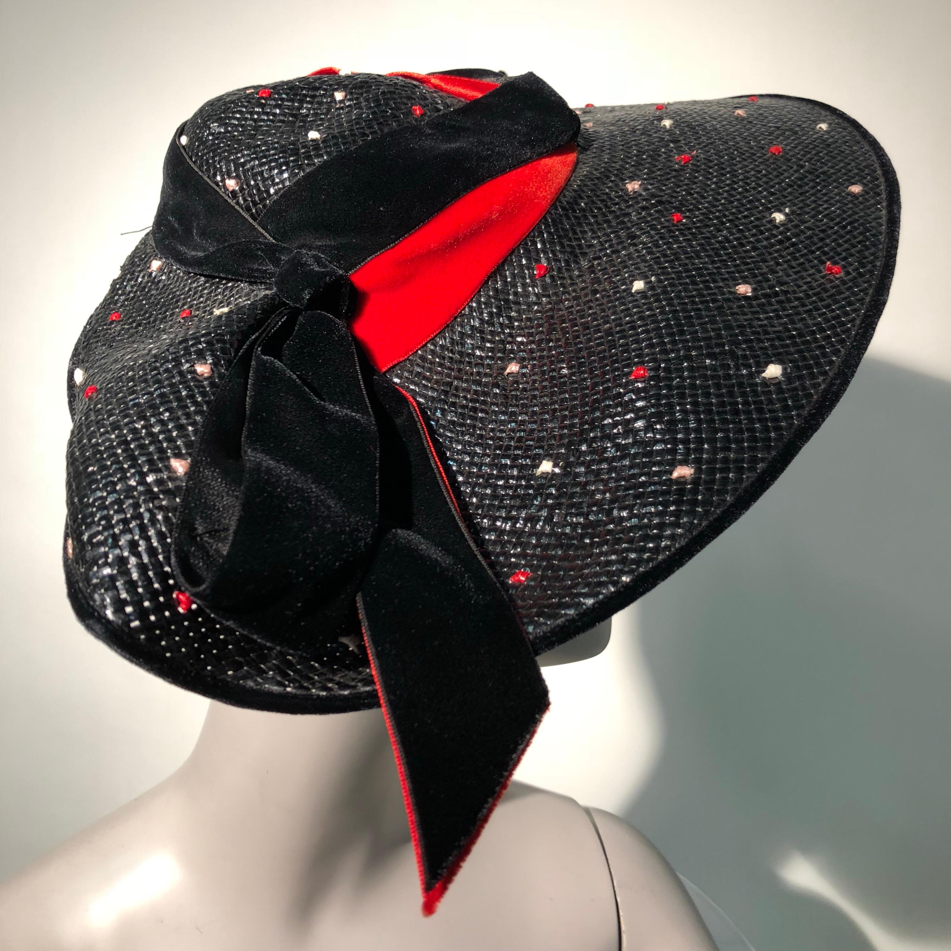 Women's 1950s Casper Davis Black Straw Wide Brimmed Hat W/ Red & Black Velvet Ribbons For Sale