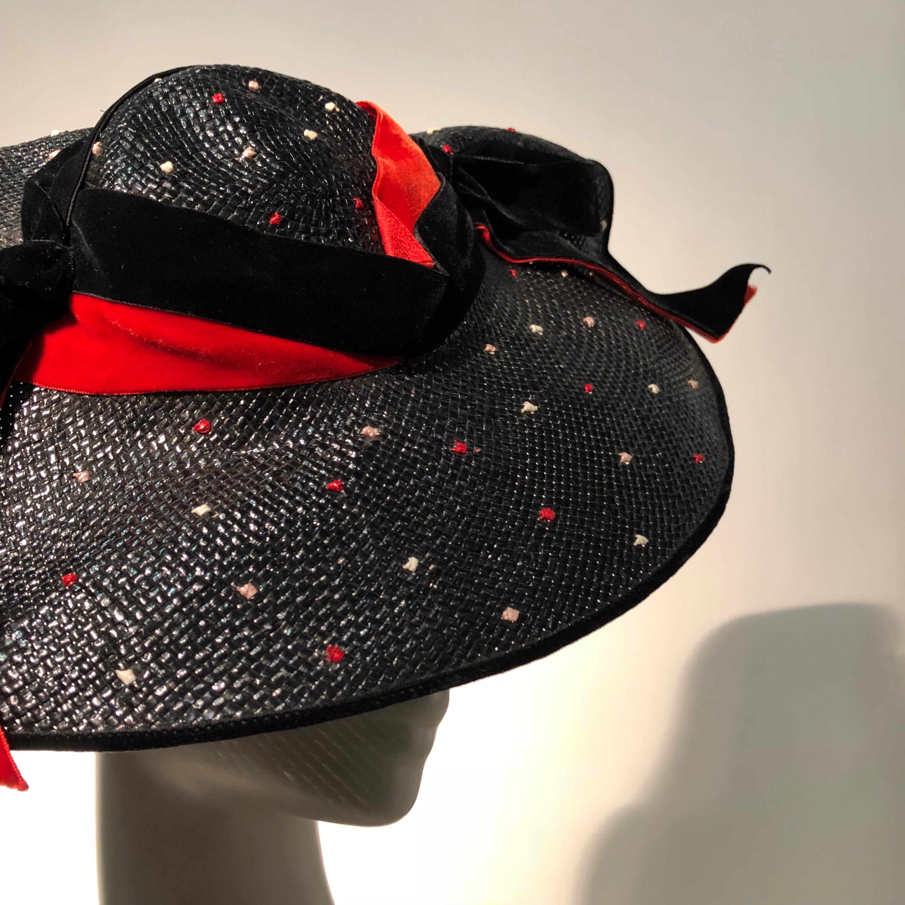 1950s Casper Davis Black Straw Wide Brimmed Hat W/ Red & Black Velvet Ribbons For Sale 1