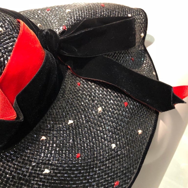 1950s Casper Davis Black Straw Wide Brimmed Hat W/ Red and  display picture 2