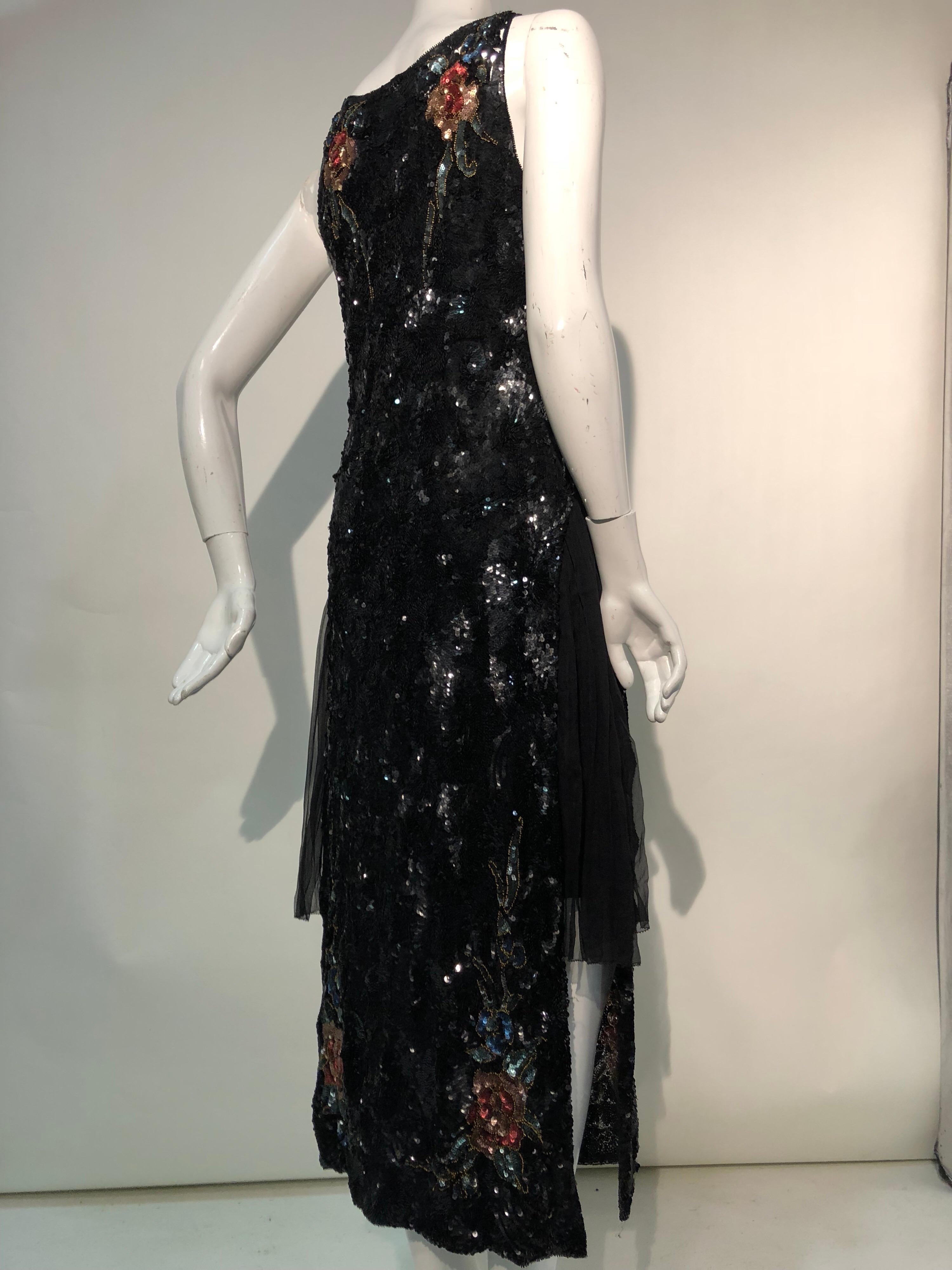 1920s French Tabard-Style Sequined Black Evening Gown W/ Color Sequined Flowers In Excellent Condition In Gresham, OR