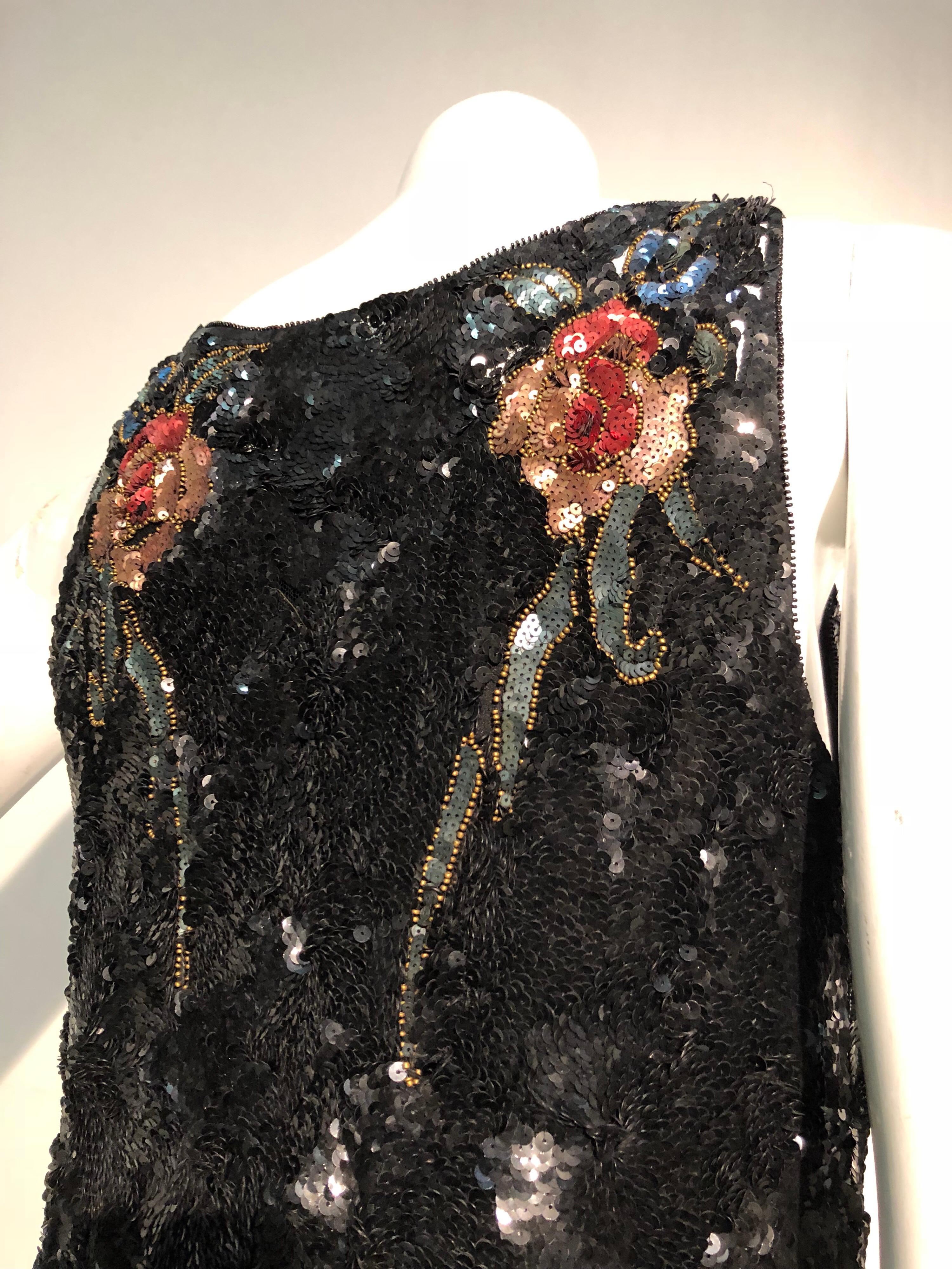 1920s French Tabard-Style Sequined Black Evening Gown W/ Color Sequined Flowers 4