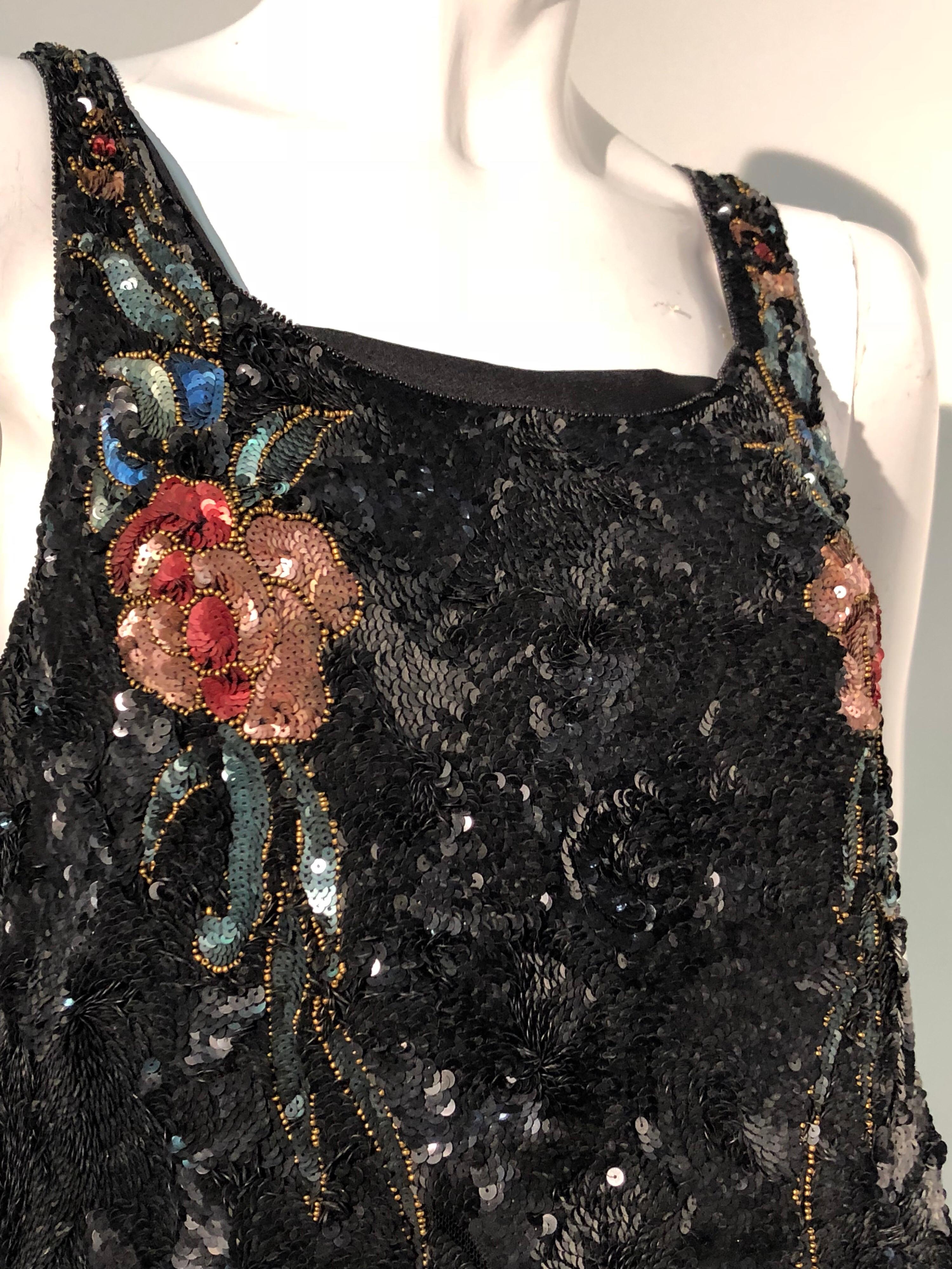 1920s French Tabard-Style Sequined Black Evening Gown W/ Color Sequined Flowers 6