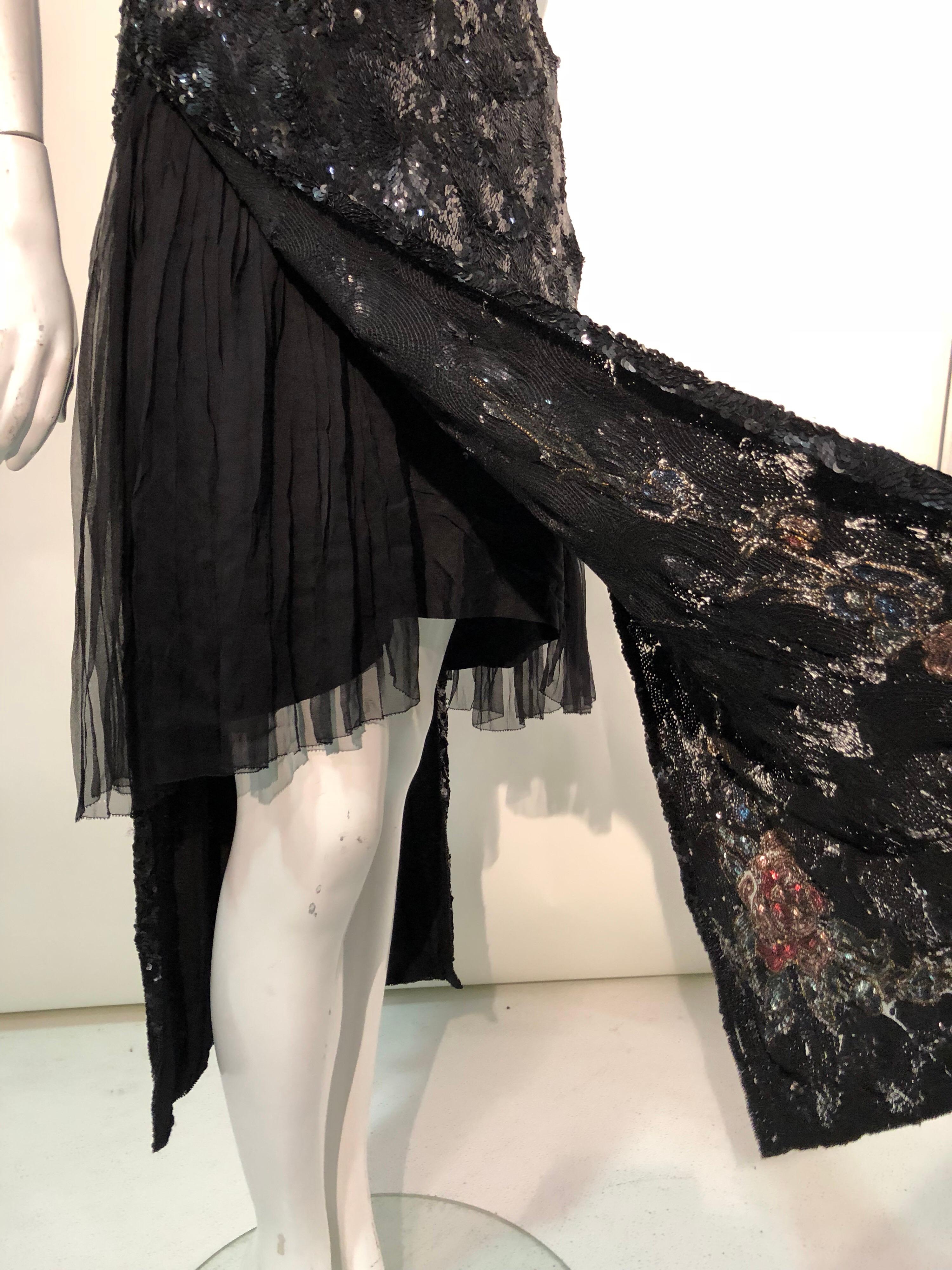 1920s French Tabard-Style Sequined Black Evening Gown W/ Color Sequined Flowers 8