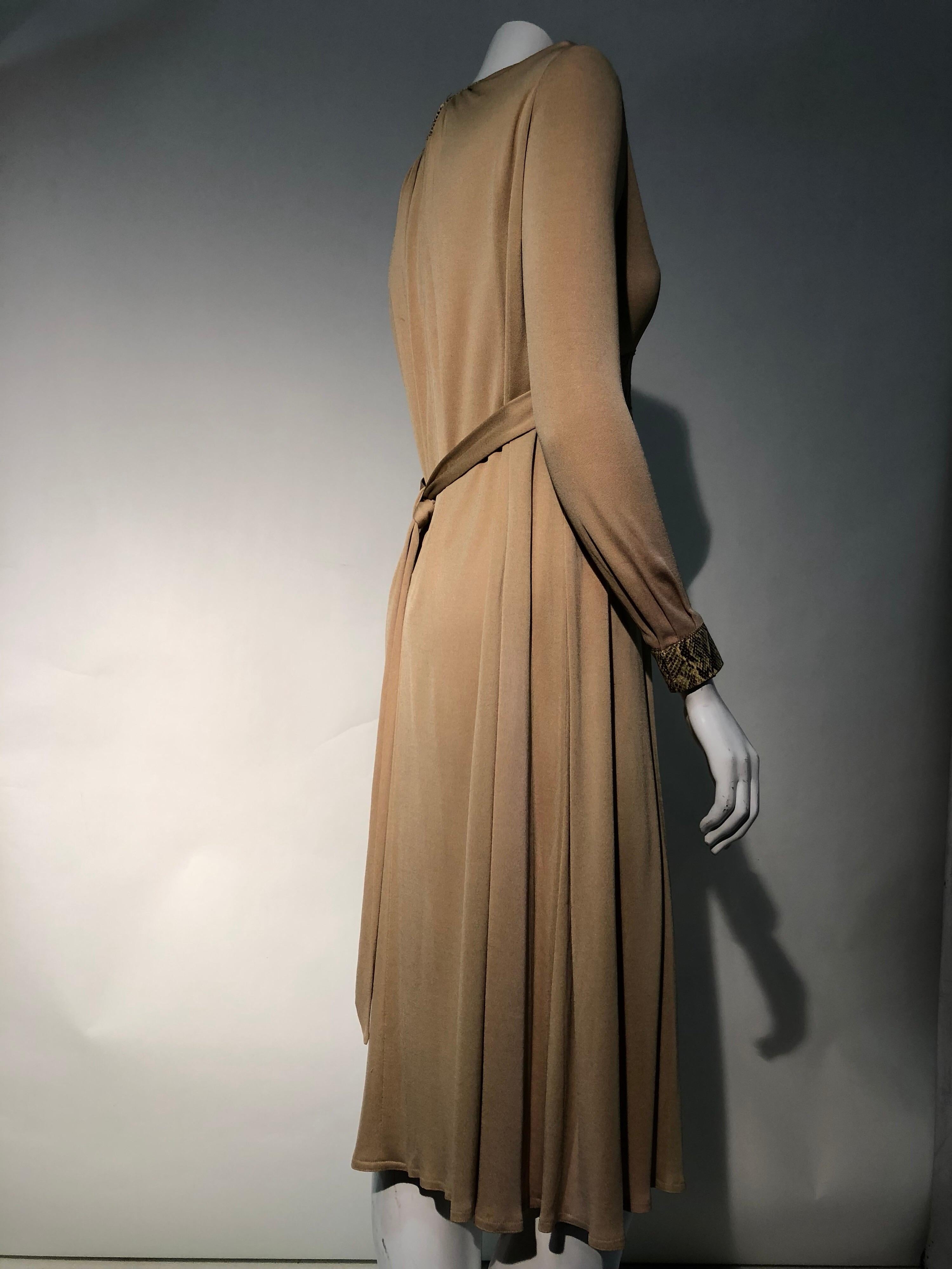 Women's 1970s Jayna Tobacco Rayon Matte Jersey Dress W/ Snakeskin Band Trim