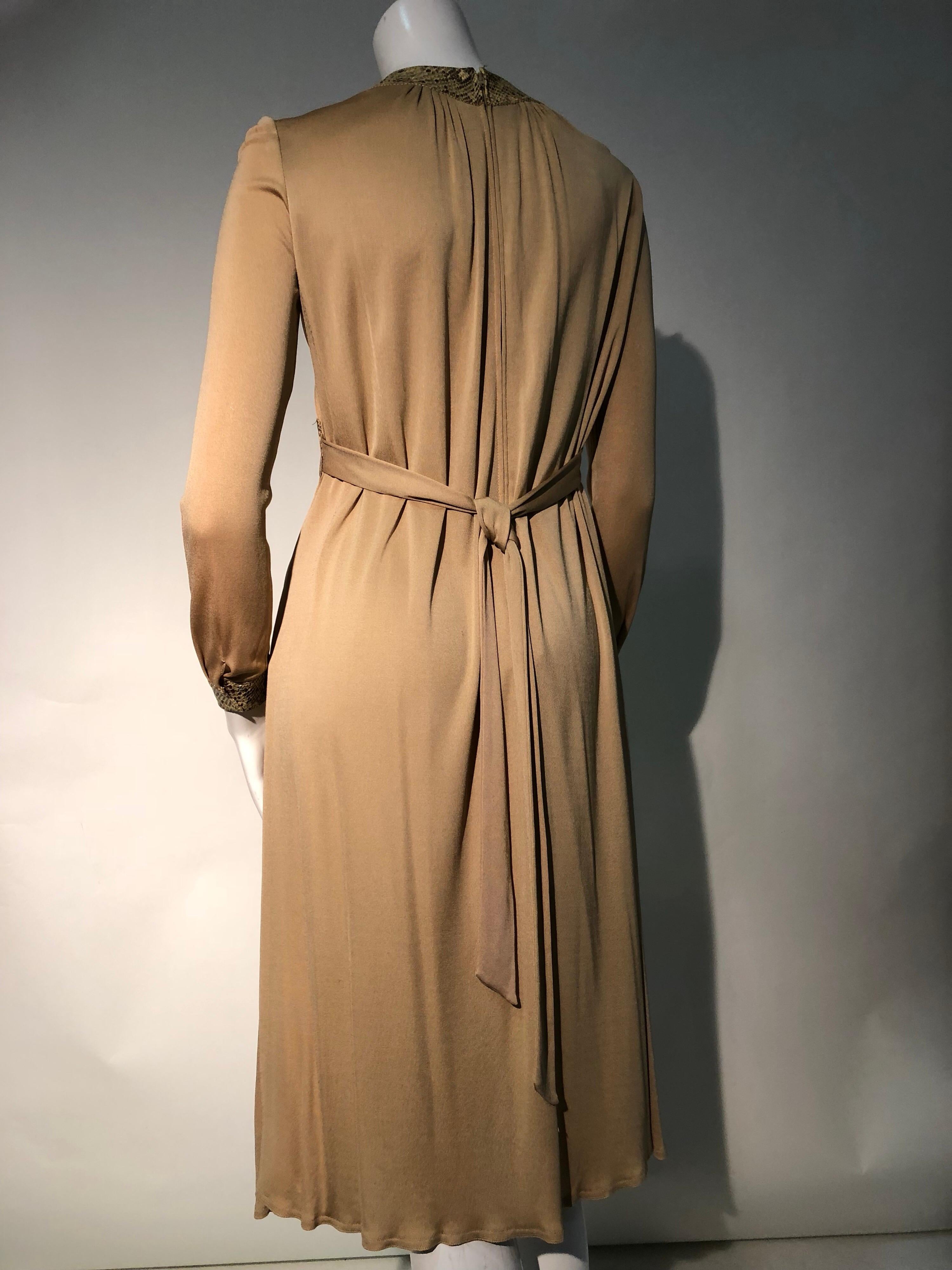 1970s Jayna Tobacco Rayon Matte Jersey Dress W/ Snakeskin Band Trim 1