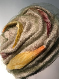 1960s Christian Dior Cream Wool Bouclé Turban-Style Hat W/ Feathers Under Tulle