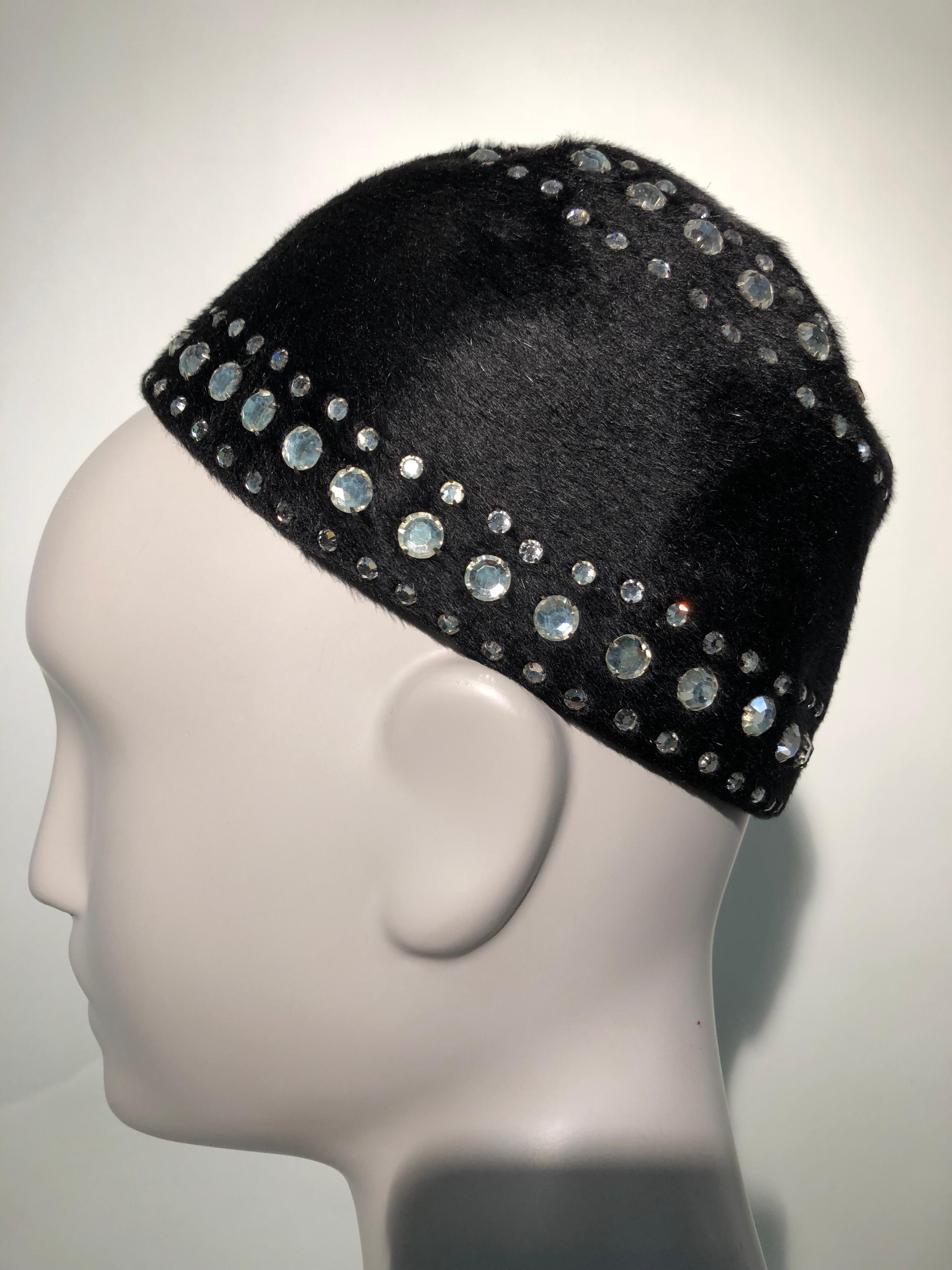 Women's 1960s Leslie James Black Felt Mod Hat W/ Rhinestone Embellishments  For Sale