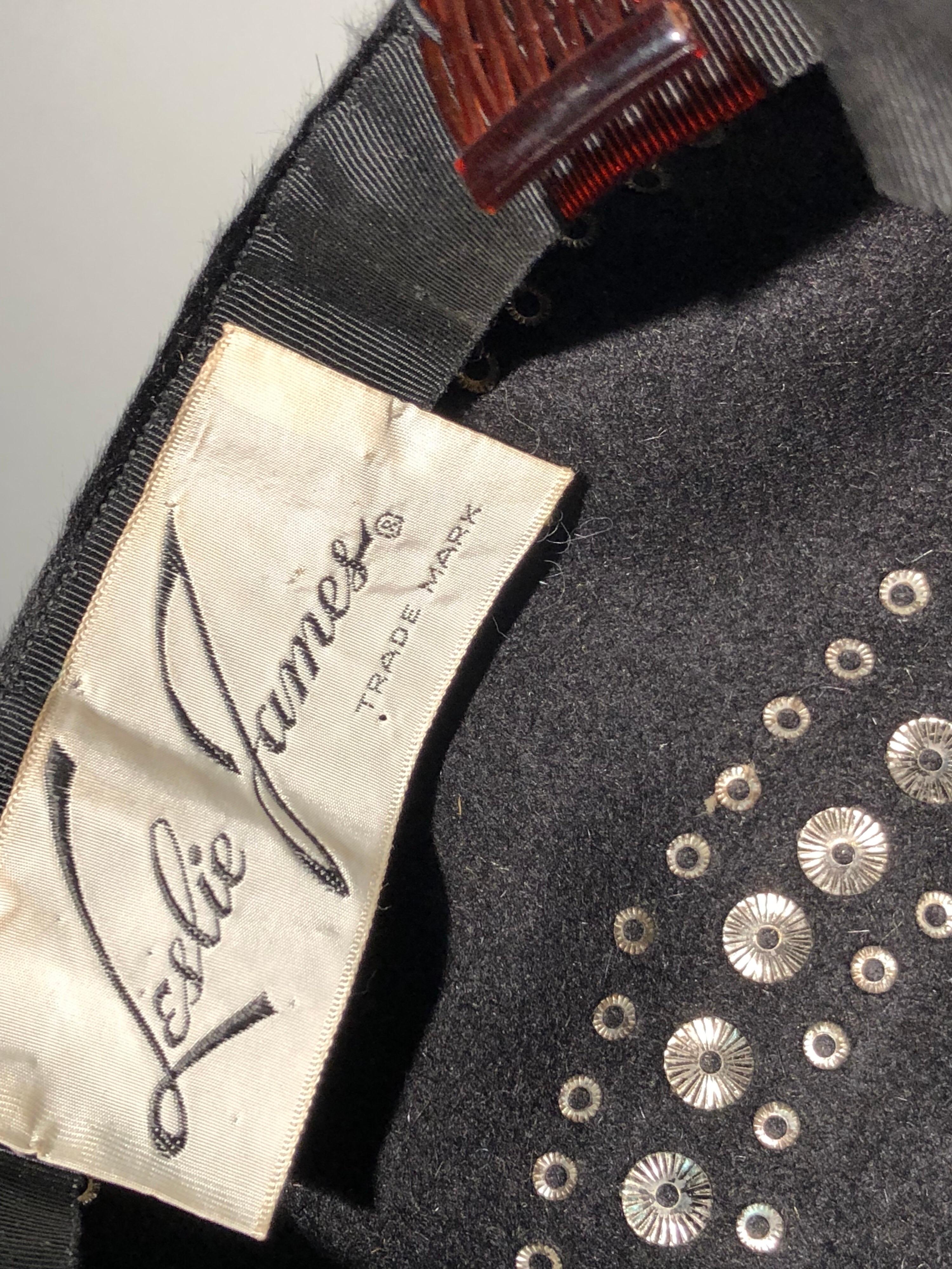 1960s Leslie James Black Felt Mod Hat W/ Rhinestone Embellishments For Sale 4