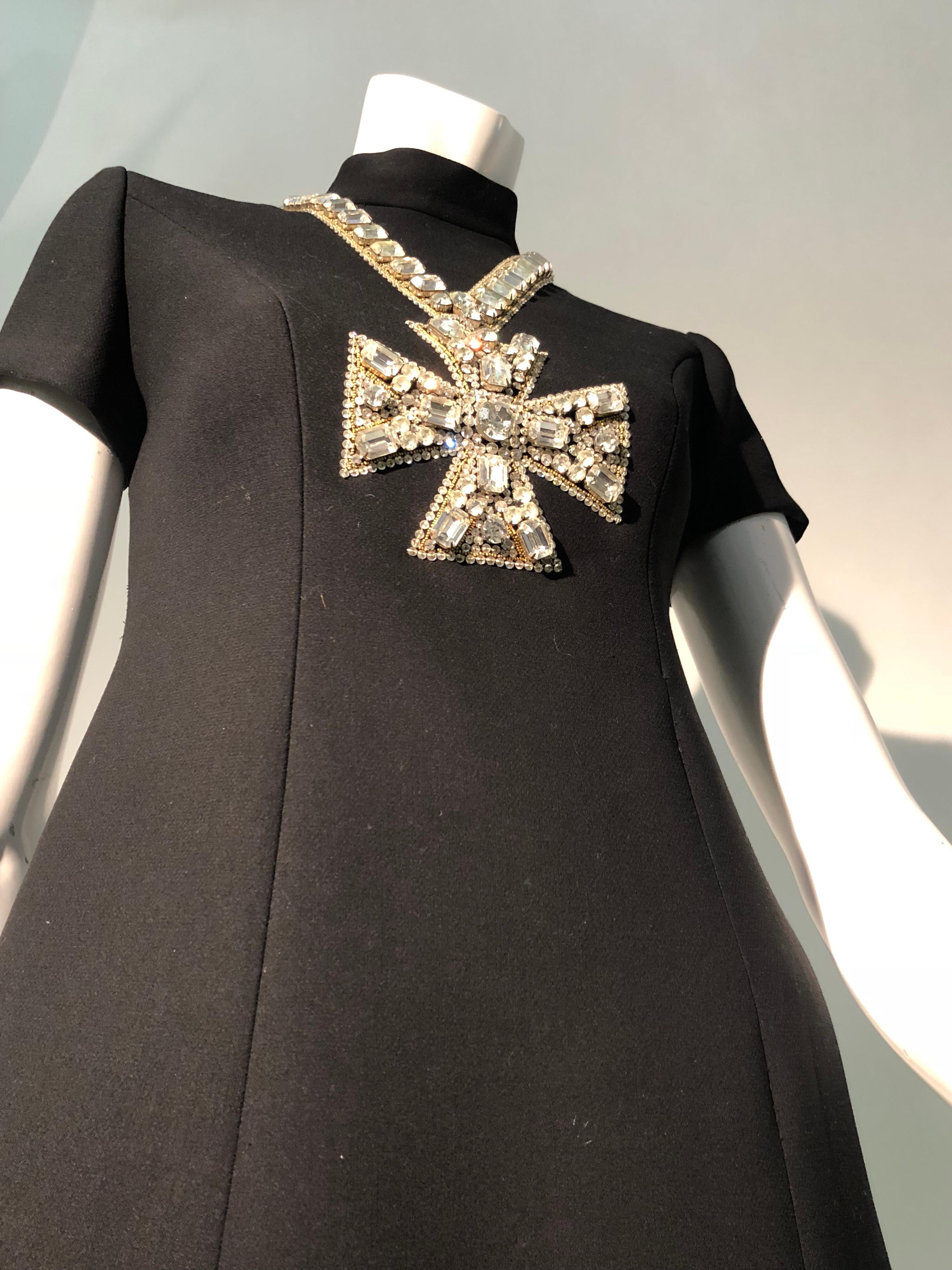 1968 Norman Norell Black A-Line Mini Dress W/ Trompe L'Oeil Rhinestone Cross In Excellent Condition In Gresham, OR