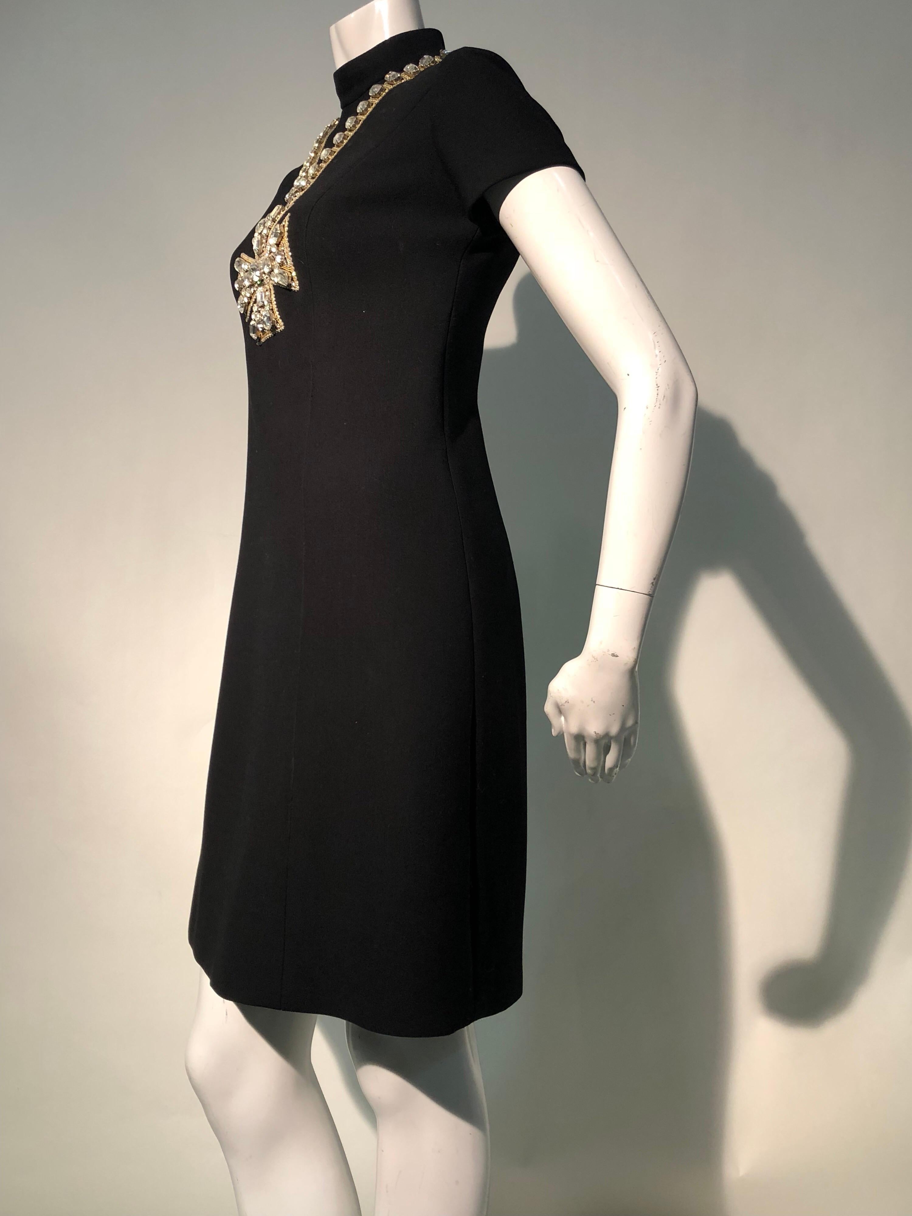 Women's 1968 Norman Norell Black A-Line Mini Dress W/ Trompe L'Oeil Rhinestone Cross