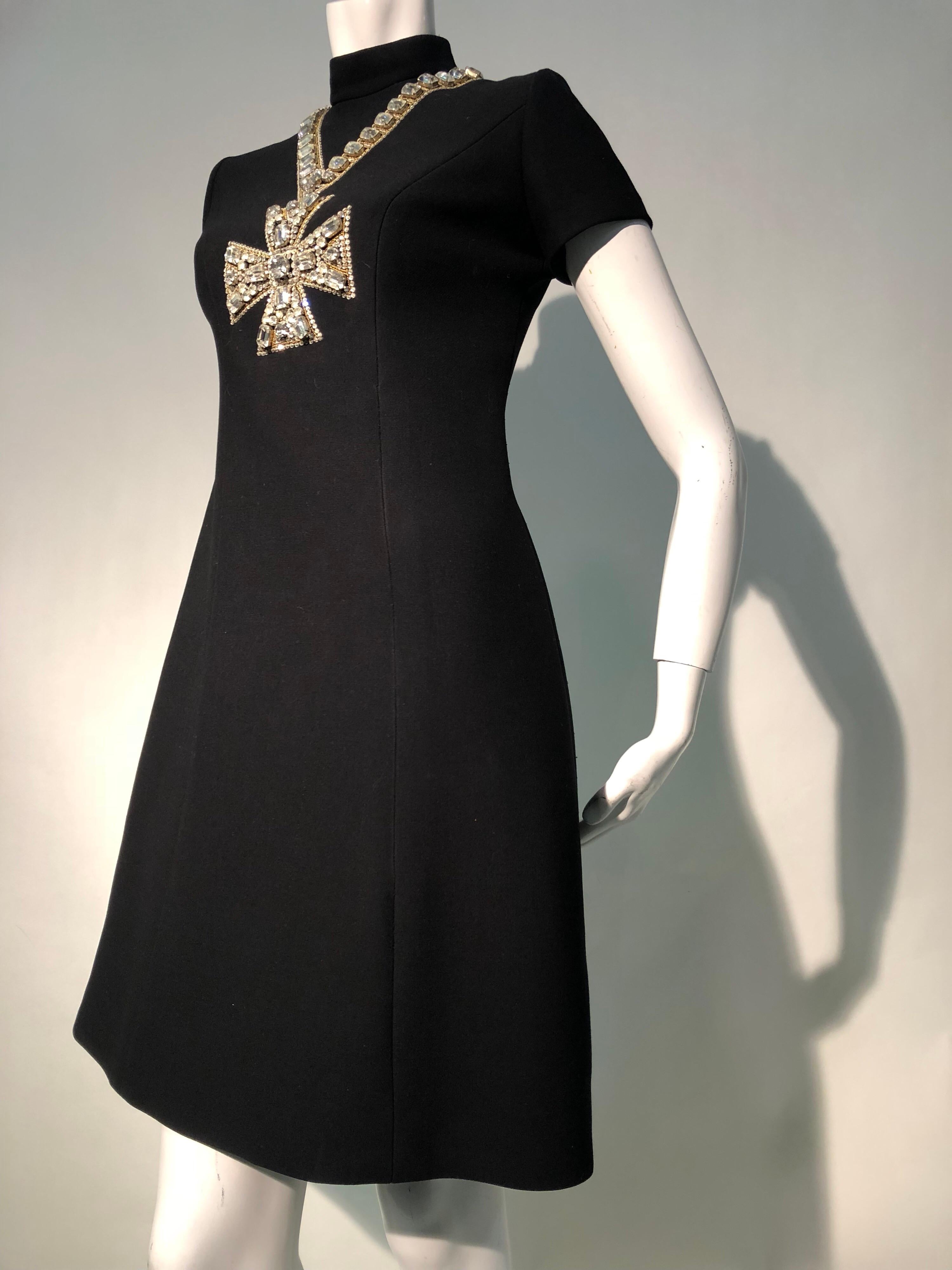 1968 Norman Norell Black A-Line Mini Dress W/ Trompe L'Oeil Rhinestone Cross 8