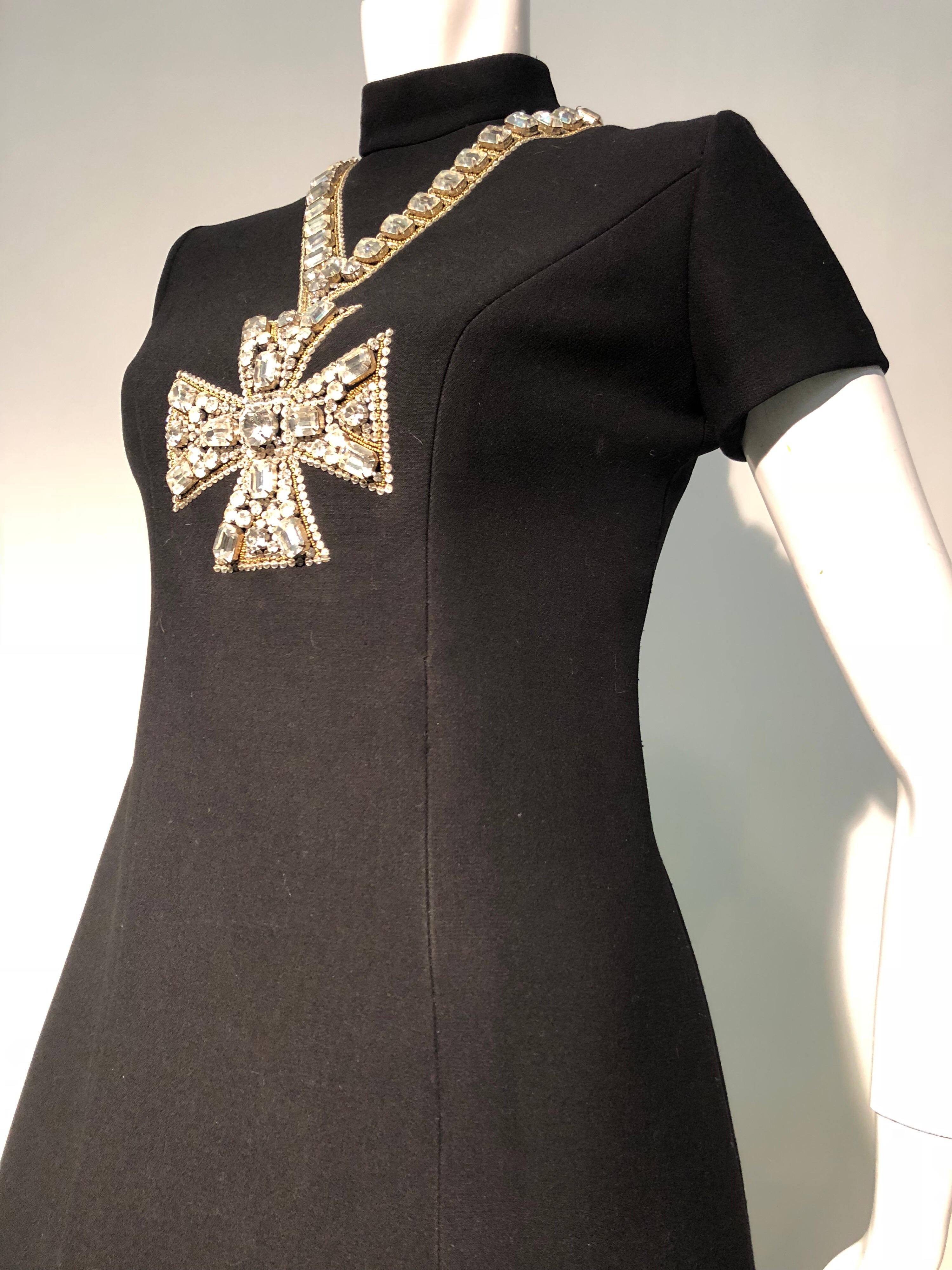 1968 Norman Norell Black A-Line Mini Dress W/ Trompe L'Oeil Rhinestone Cross 9