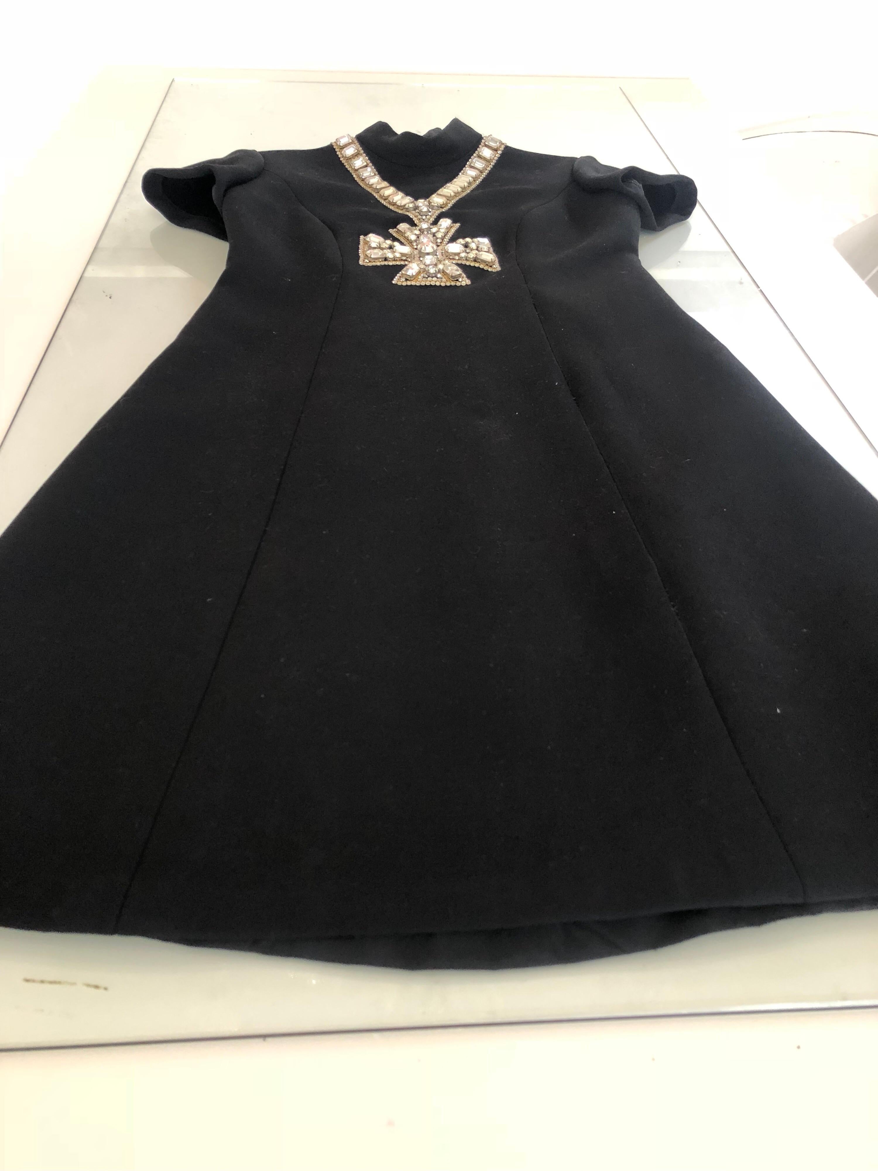 1968 Norman Norell Black A-Line Mini Dress W/ Trompe L'Oeil Rhinestone Cross 12