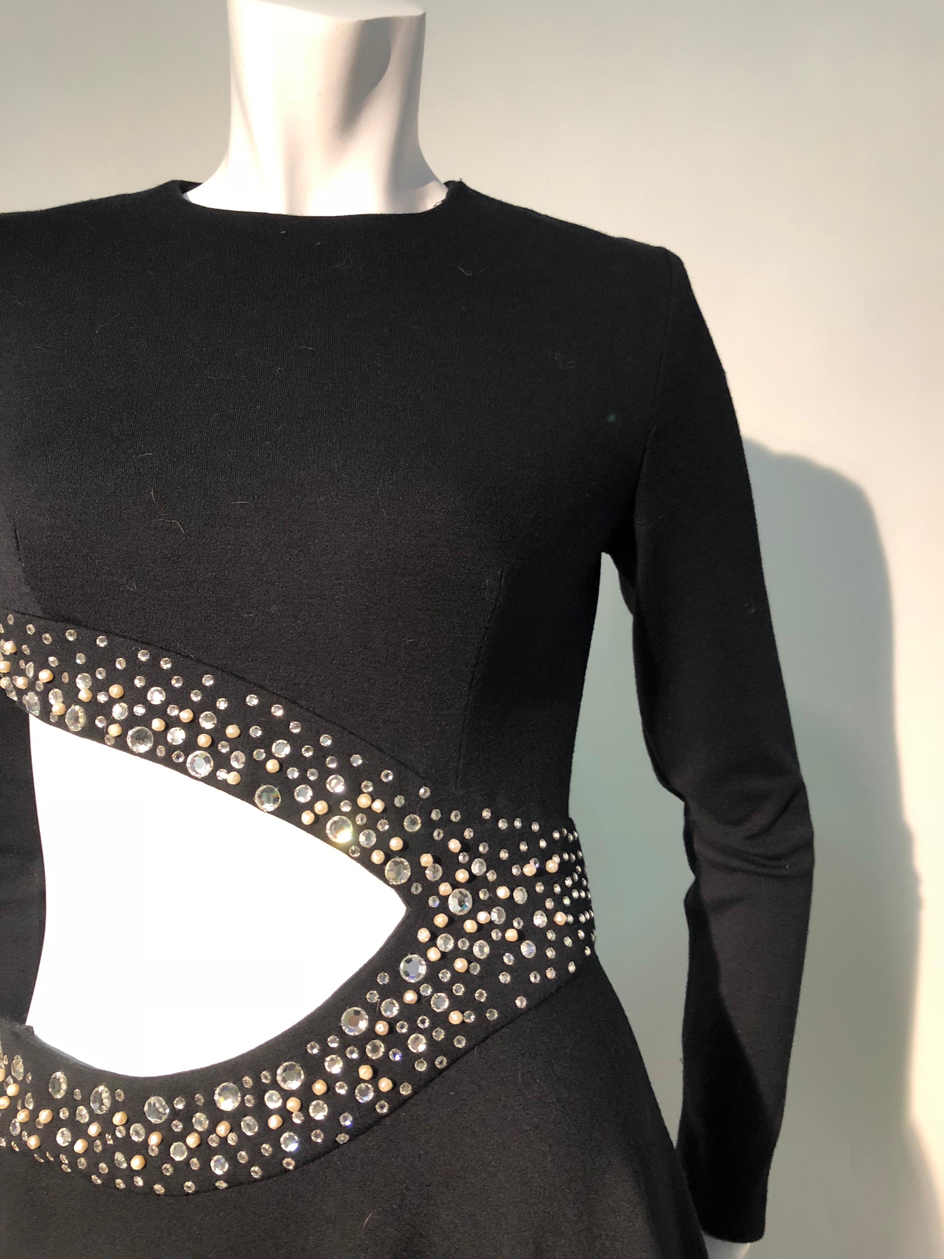 Women's 1970s Black Bias-Cut Wool Maxi Dress W/ Asymmetrical Cut-Out & Rhinestone Trim 