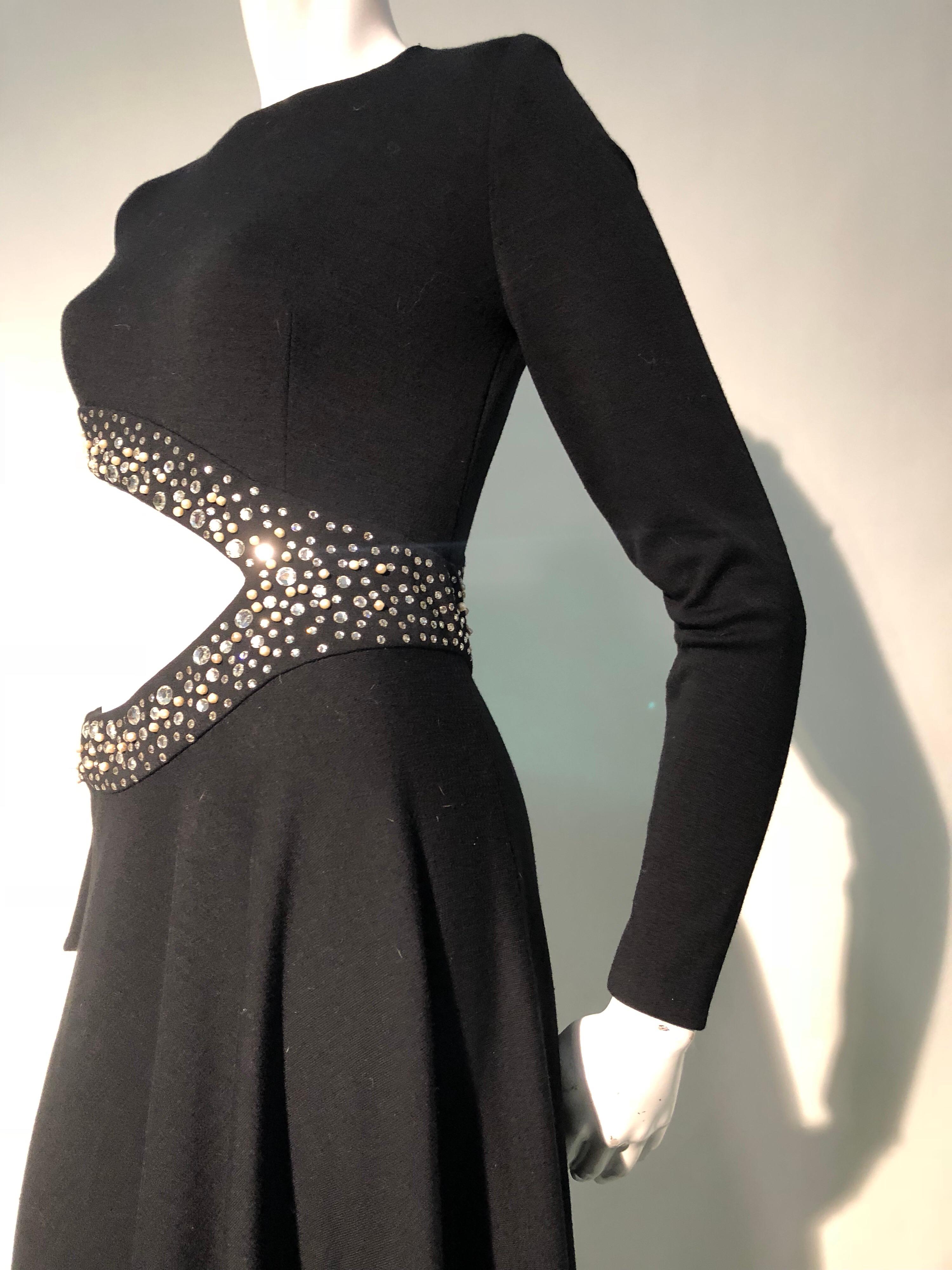 1970s Black Bias-Cut Wool Maxi Dress W/ Asymmetrical Cut-Out & Rhinestone Trim  2