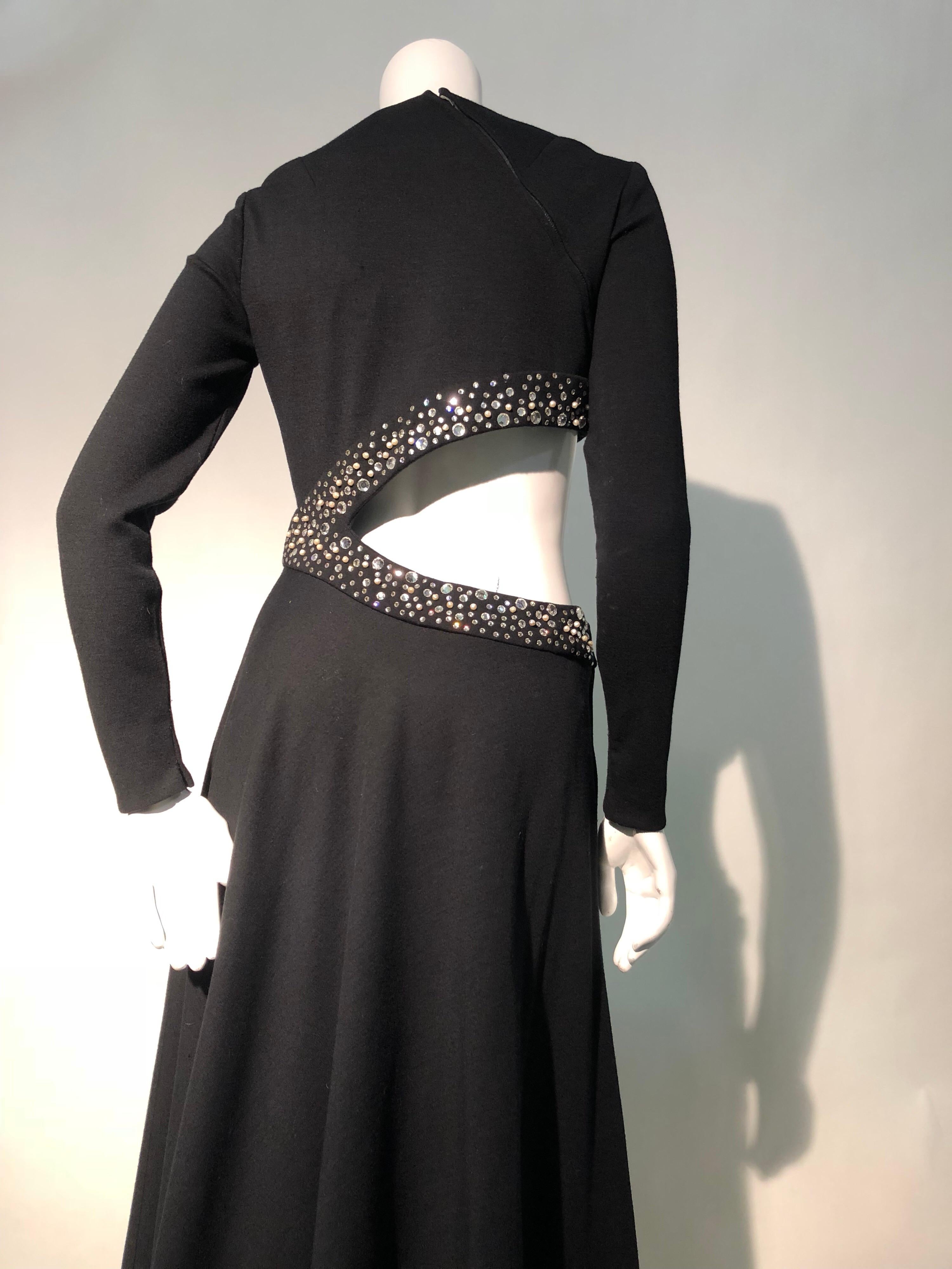 1970s Black Bias-Cut Wool Maxi Dress W/ Asymmetrical Cut-Out & Rhinestone Trim  3