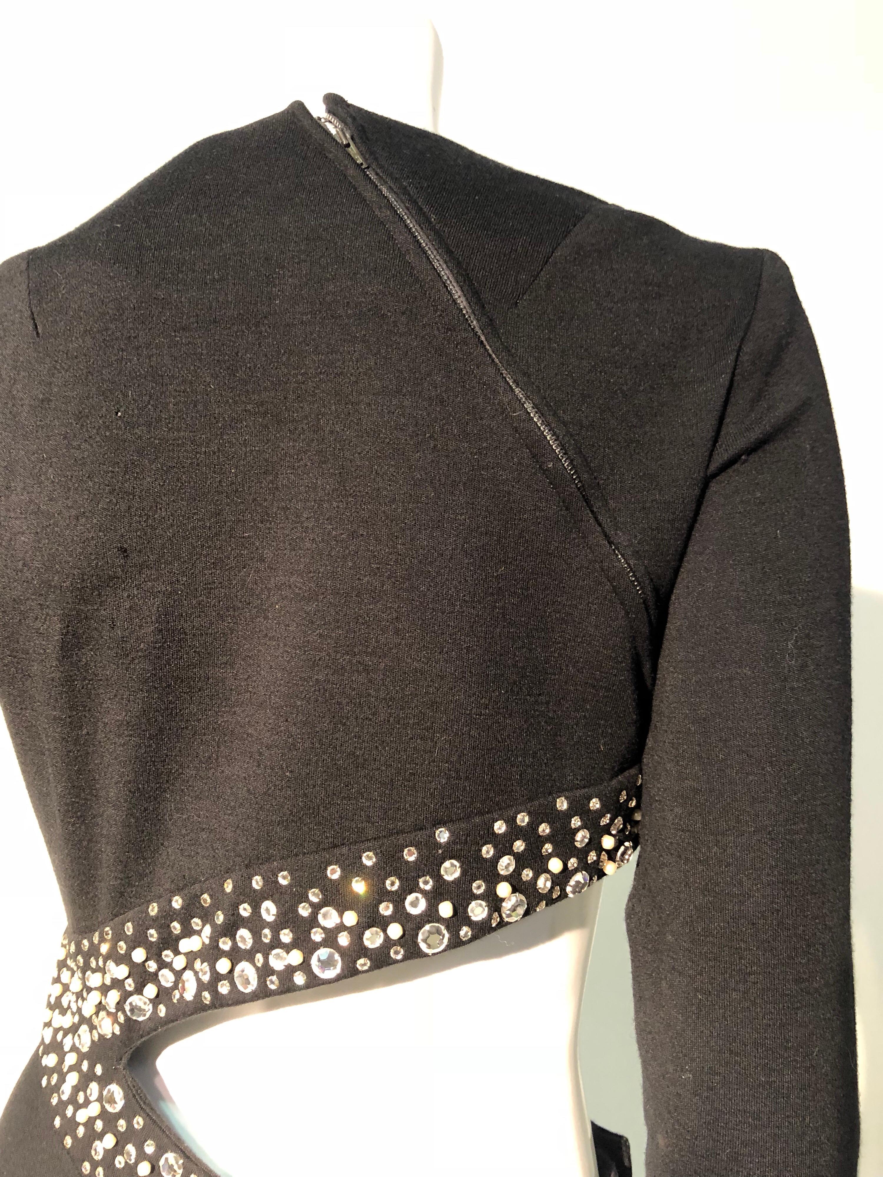 1970s Black Bias-Cut Wool Maxi Dress W/ Asymmetrical Cut-Out & Rhinestone Trim  4