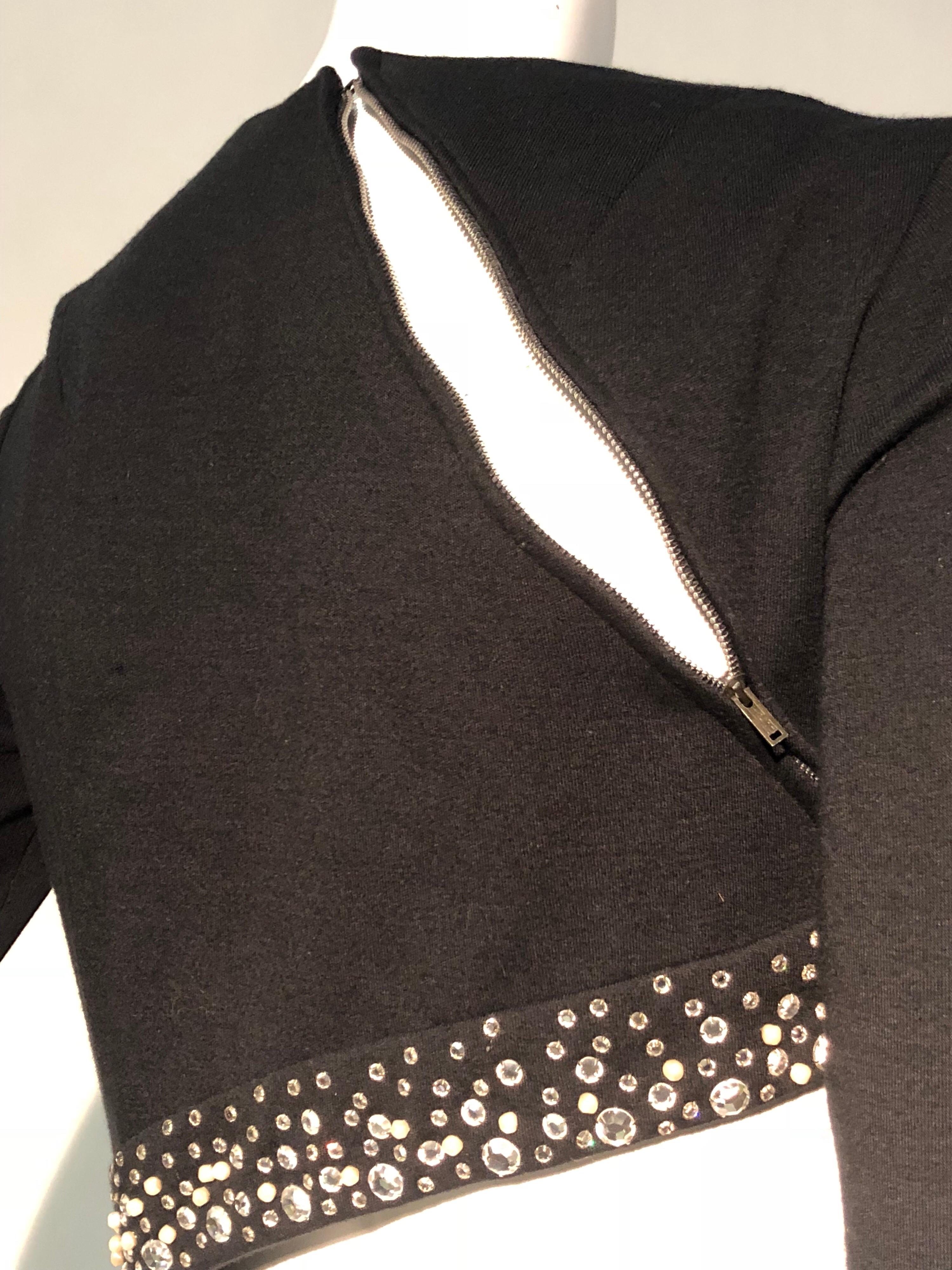 1970s Black Bias-Cut Wool Maxi Dress W/ Asymmetrical Cut-Out & Rhinestone Trim  5