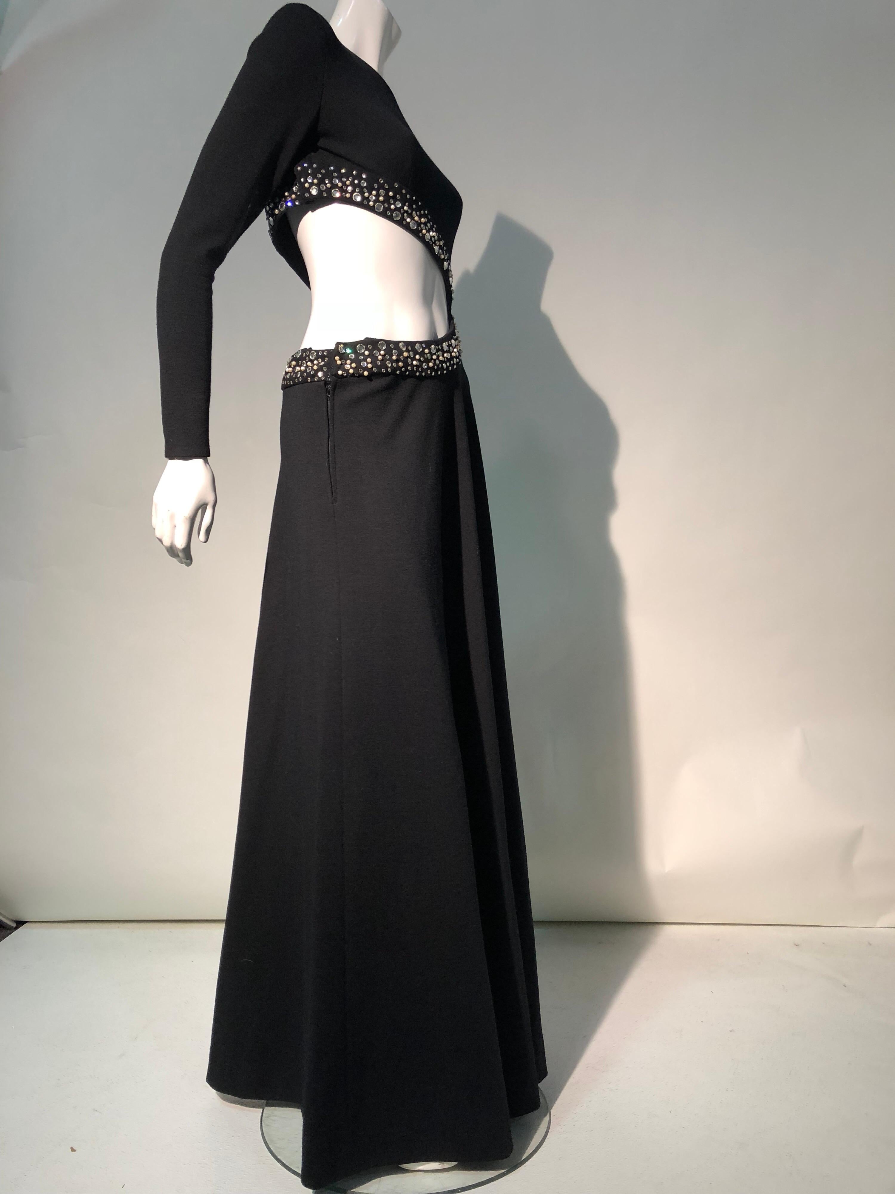 1970s Black Bias-Cut Wool Maxi Dress W/ Asymmetrical Cut-Out & Rhinestone Trim  6