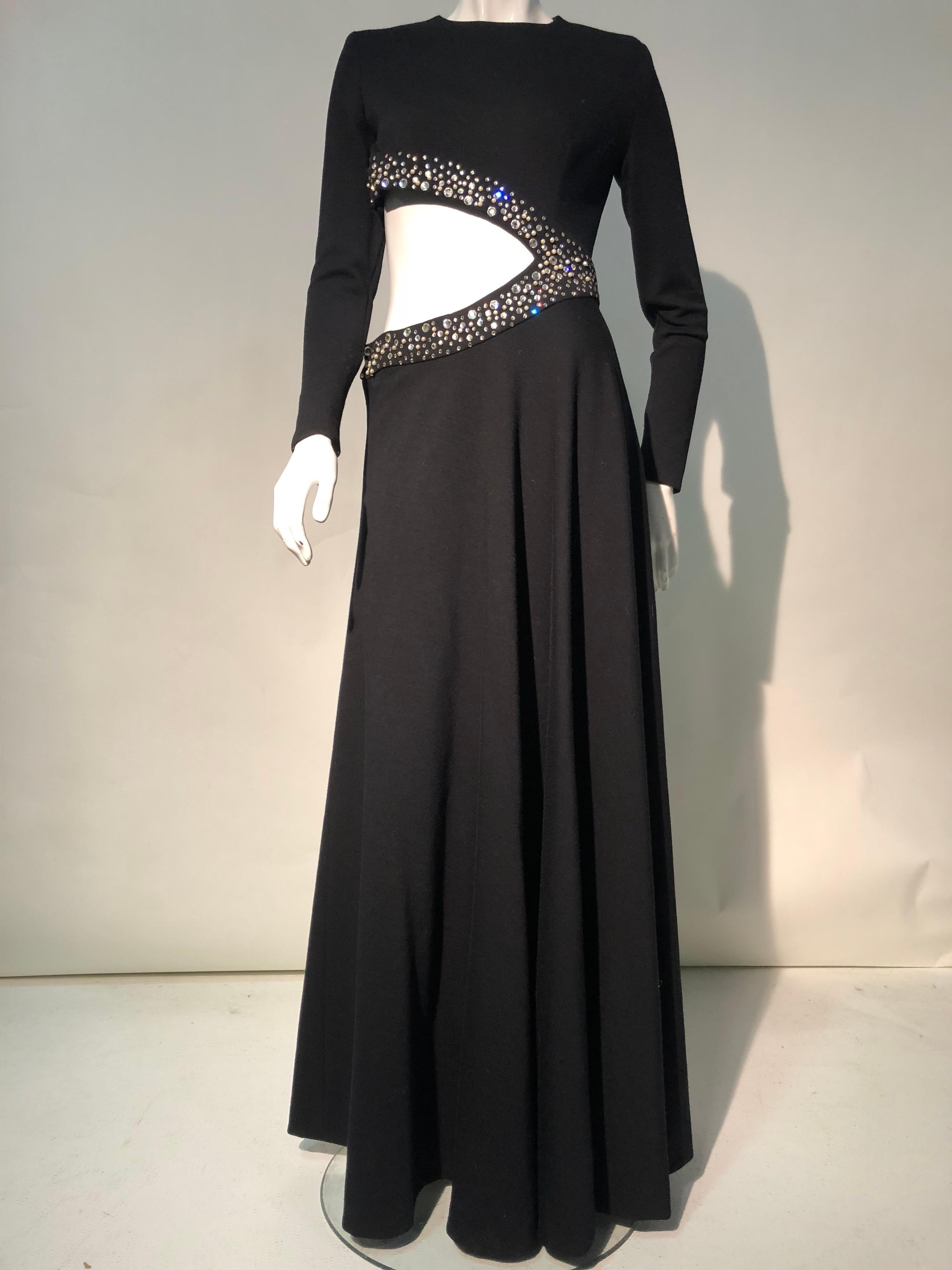 1970s Black Bias-Cut Wool Maxi Dress W/ Asymmetrical Cut-Out & Rhinestone Trim  9