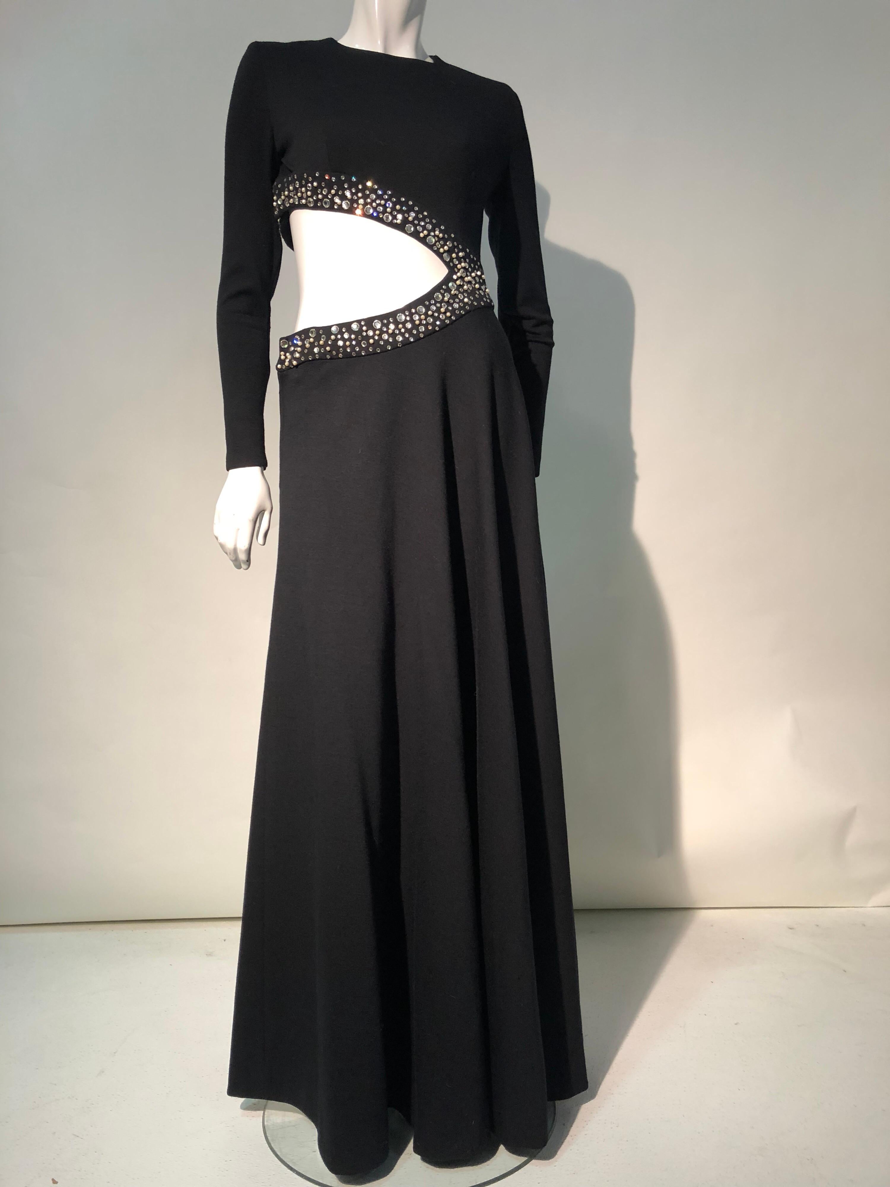 1970s Black Bias-Cut Wool Maxi Dress W/ Asymmetrical Cut-Out & Rhinestone Trim  11
